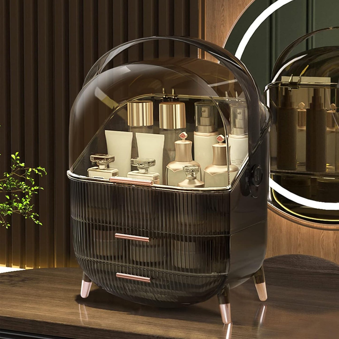 Galatée Retro Serie 180°Drehbar Tragbare Make up Organizer Kosmetikbox Kosmetische Aufbewahrungs Box Mit Staubdichtem Deckel, Beauty Organizer Mit 2 Schubladen Und Tragegriff - （Retro-Grau）