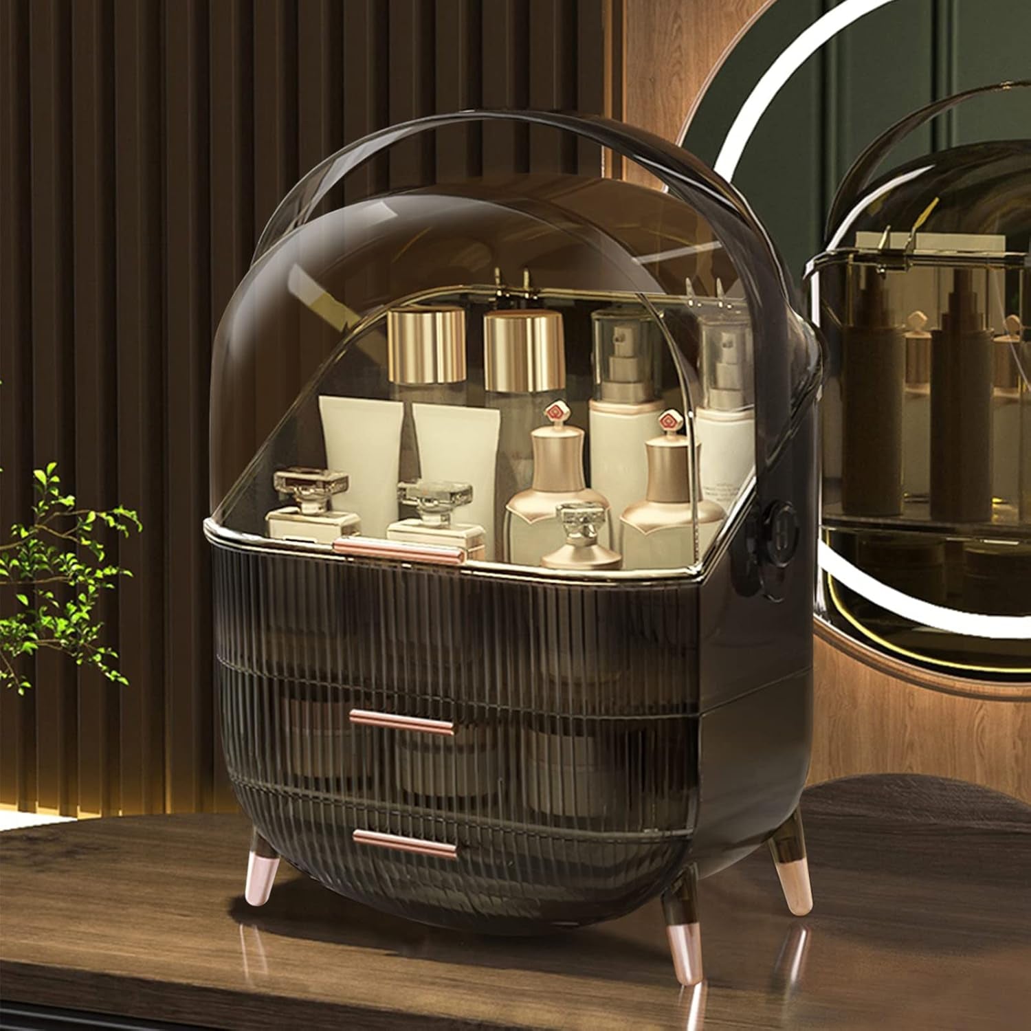 Galatée Retro Serie 180°Drehbar Tragbare Make up Organizer Kosmetikbox Kosmetische Aufbewahrungs Box Mit Staubdichtem Deckel, Beauty Organizer Mit 2 Schubladen Und Tragegriff - （Retro-Grau）