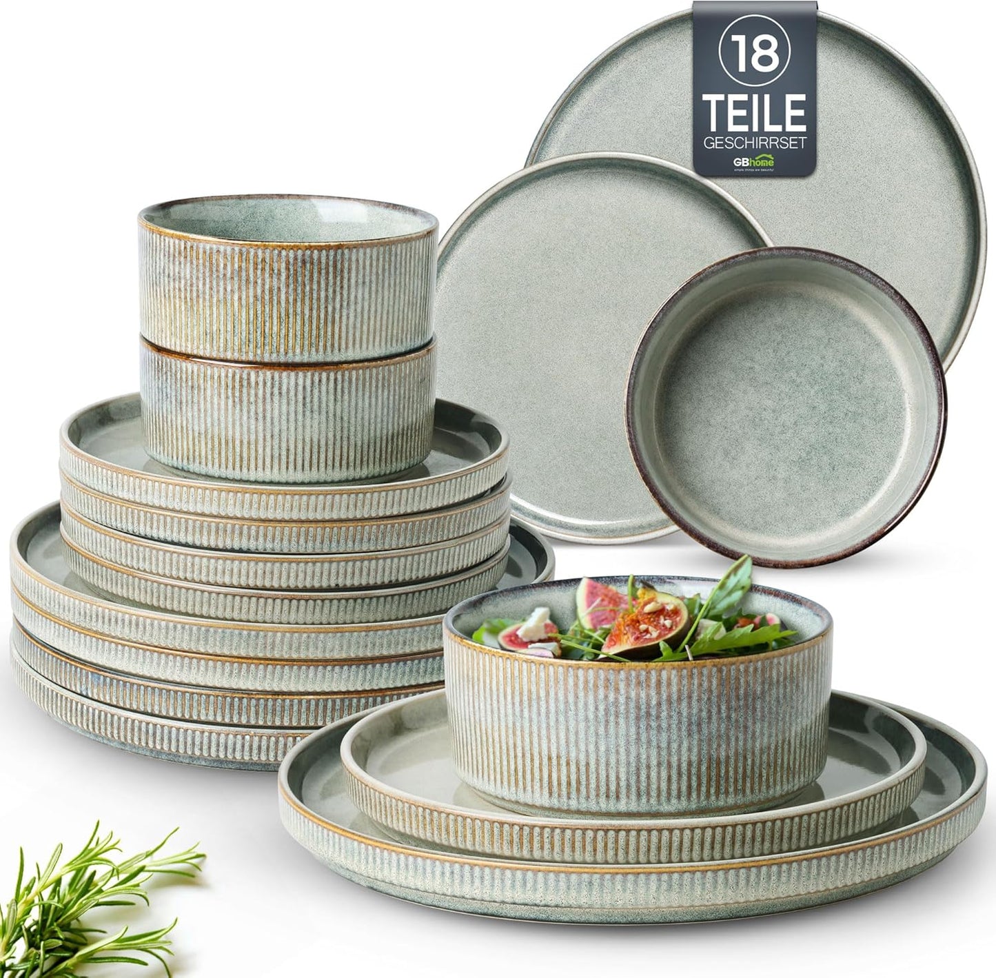 Gbhome Steingut Geschirrset 6 Personen, 18-Tlg Reaktive Glasur Handarbeit Steingut Geschirr Set, Mikrowellen- & Spülmaschinenfest Schüssel- Und Teller Set