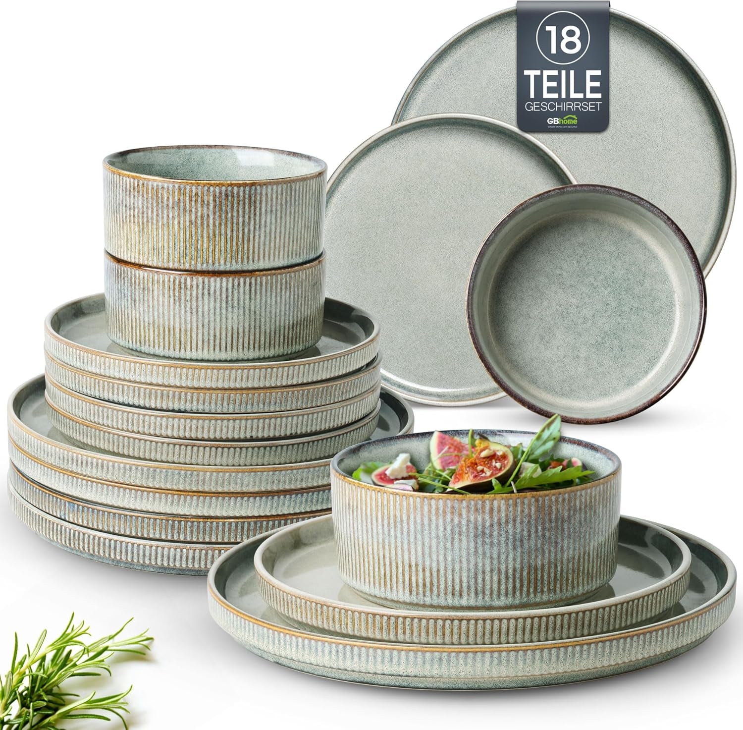 Gbhome Steingut Geschirrset 6 Personen, 18-Tlg Reaktive Glasur Handarbeit Steingut Geschirr Set, Mikrowellen- & Spülmaschinenfest Schüssel- Und Teller Set