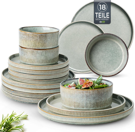 Gbhome Steingut Geschirrset 6 Personen, 18-Tlg Reaktive Glasur Handarbeit Steingut Geschirr Set, Mikrowellen- & Spülmaschinenfest Schüssel- Und Teller Set