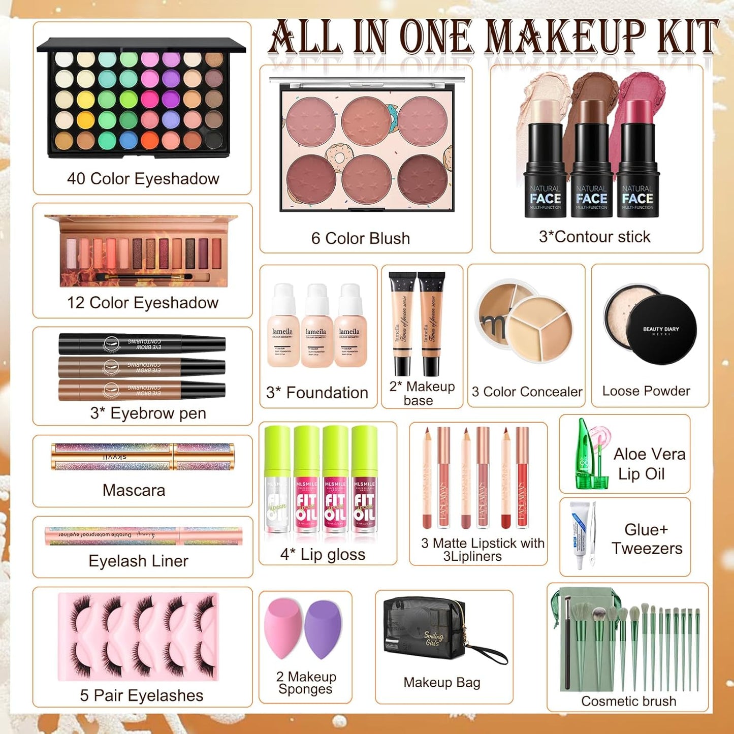 Full Make-Up Set Für Frauen - 48-Teiliges Kit Mit 52 Color Lidschattenpalette, Eyebrow Pen, Lippenstift Für Den Perfekten Face Look - Unterwegs