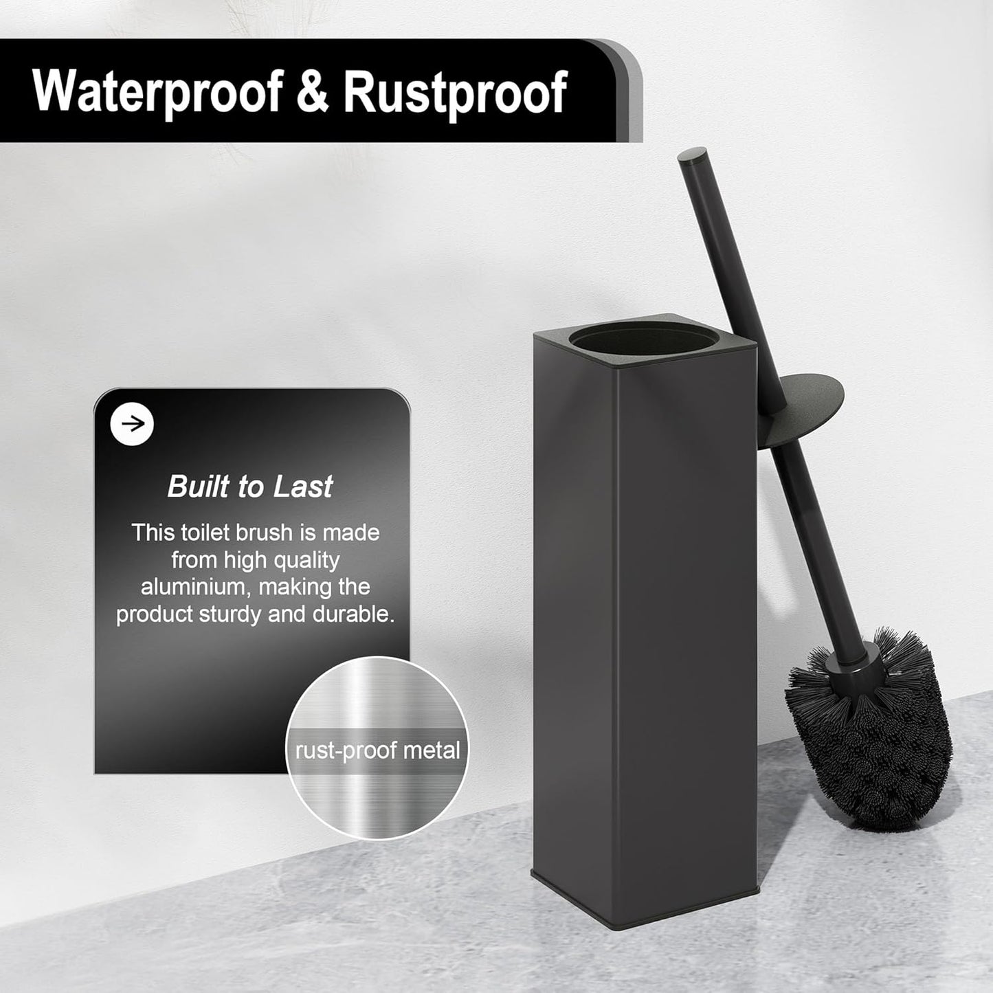 BVL WC Bürsten & Halter Schwarz, Metall Toilettenbürste Inklusive 2 Bürstenköpfe, Freistehende Quadratisch Silikon Toilettenbürste Für Das Badezimmer