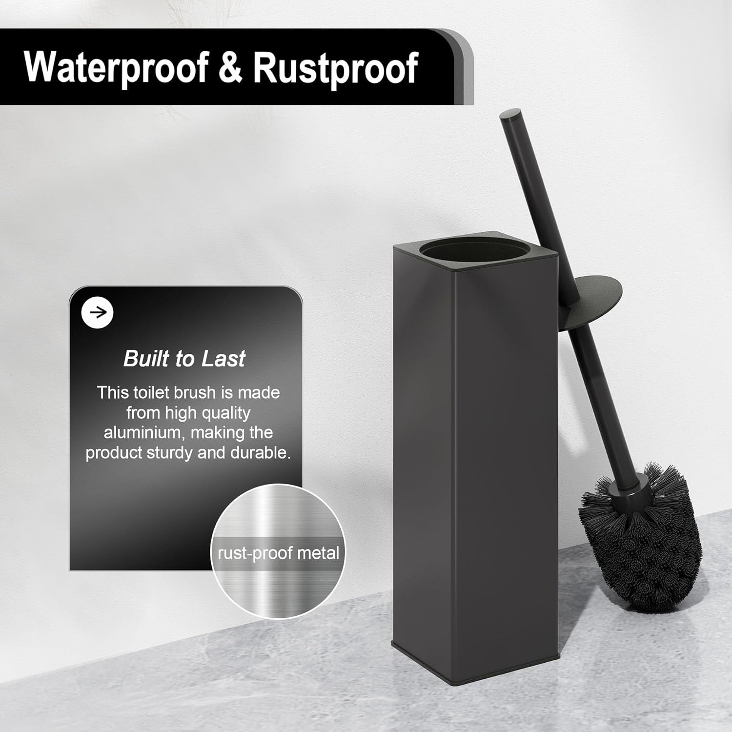 BVL WC Bürsten & Halter Schwarz, Metall Toilettenbürste Inklusive 2 Bürstenköpfe, Freistehende Quadratisch Silikon Toilettenbürste Für Das Badezimmer