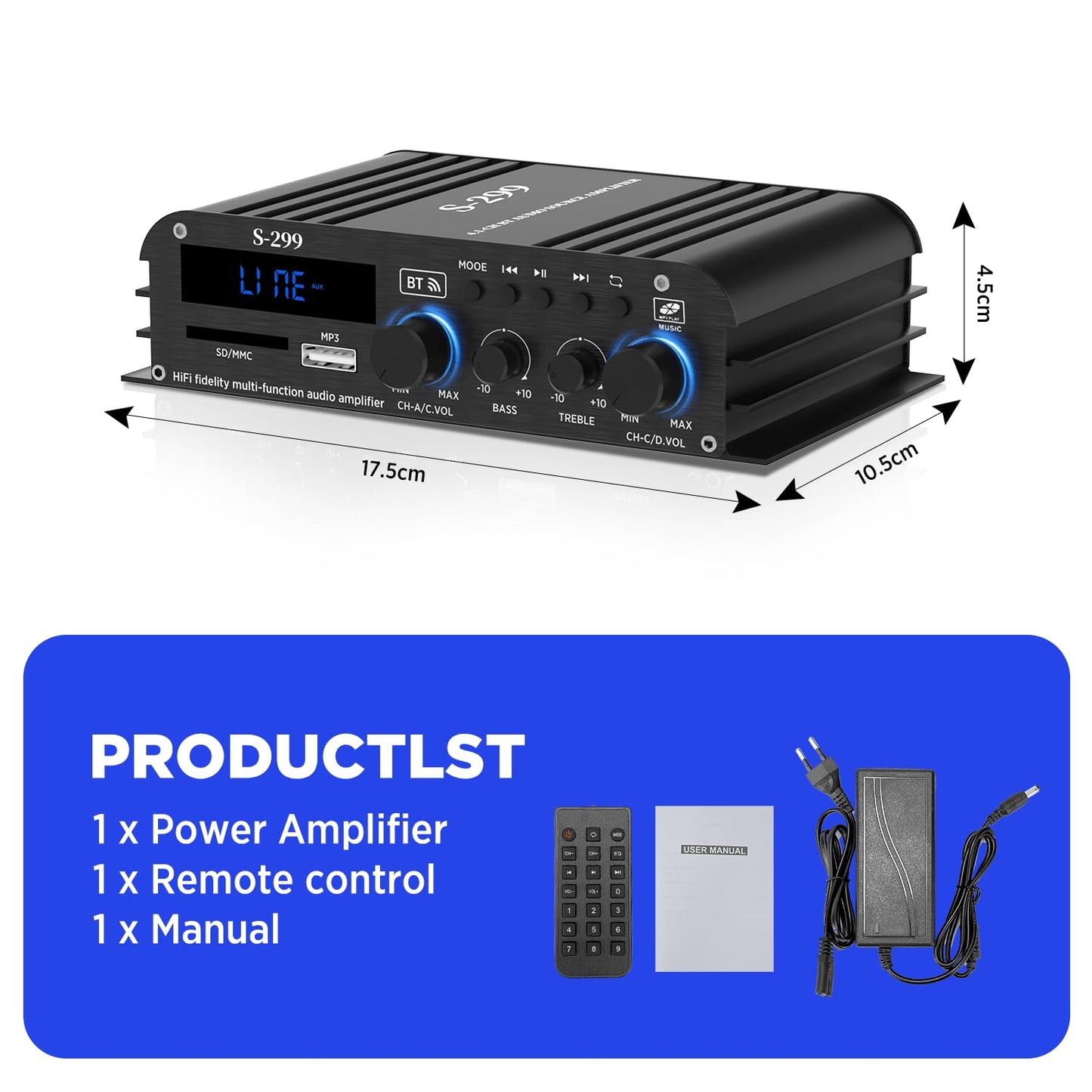 4.1-Kanal Verstärker, 1600W Mini Hifi Verstärker, Bluetooth 5.0 Für Heimlautsprecher 40W X 4 + Active Subwoofer Von 110-240V Bis 12V Mit USB TF Steckplatz MP3 Player Mit Fernbedienung