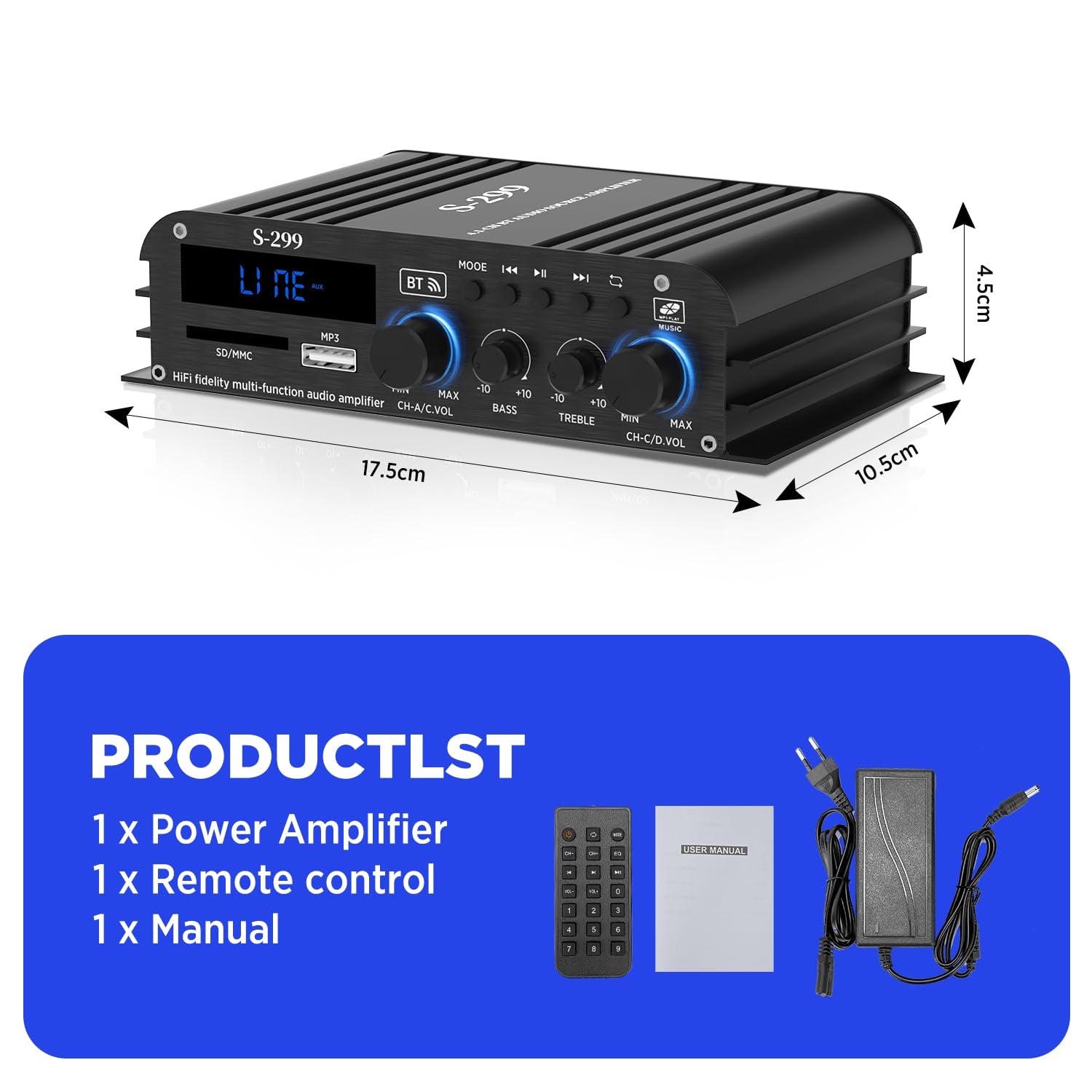 4.1-Kanal Verstärker, 1600W Mini Hifi Verstärker, Bluetooth 5.0 Für Heimlautsprecher 40W X 4 + Active Subwoofer Von 110-240V Bis 12V Mit USB TF Steckplatz MP3 Player Mit Fernbedienung