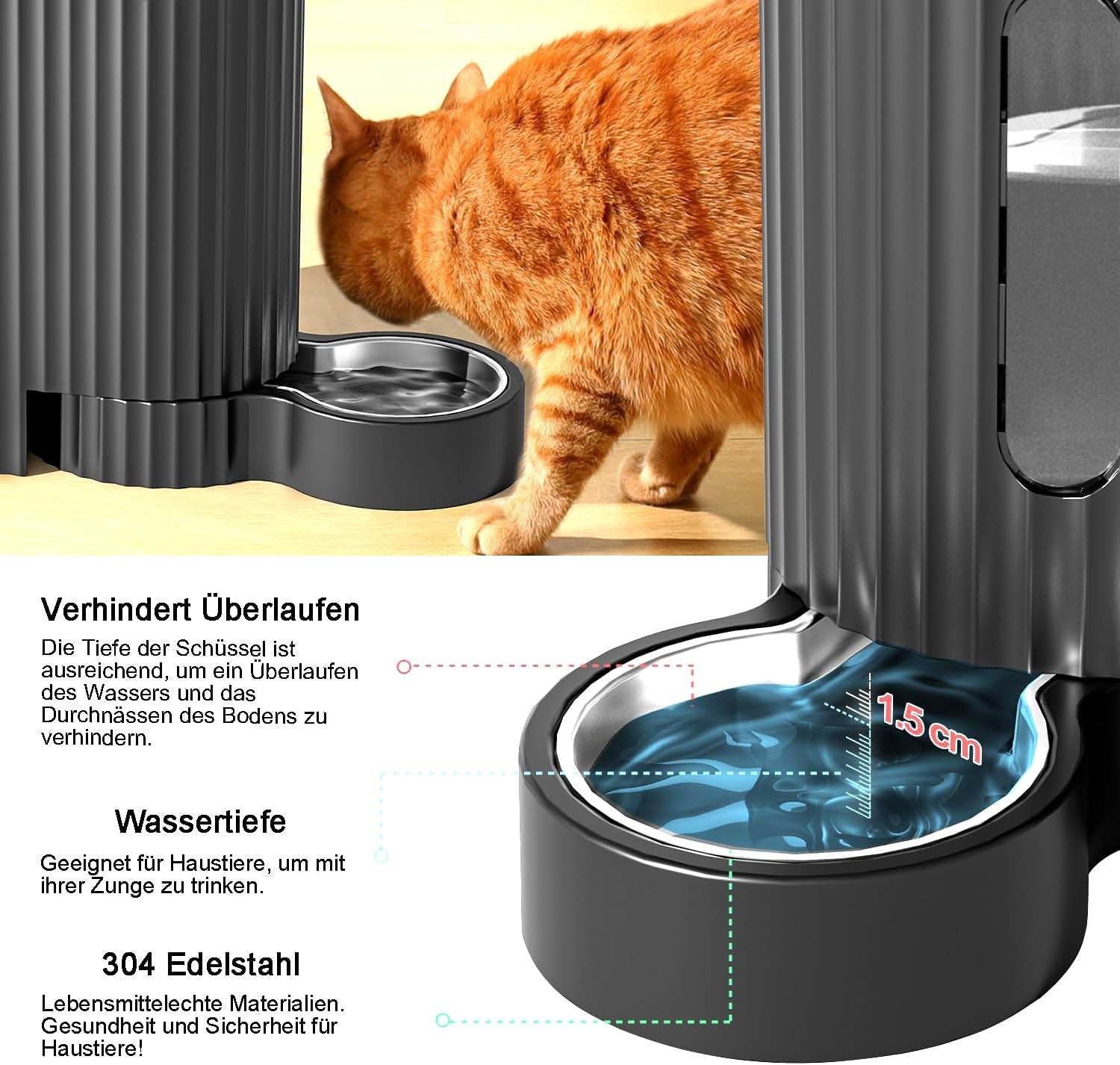 Gardner Pet Automatischer Futterspender Für Katzen/Hunde 2 Näpfe(3L*2), Futterautomat Katze Und Wasserspender Hund Mit Edelstahlschüssel, Ohne Strom, BPA Frei, Gravitation Katzenfutter Automat (Grau)