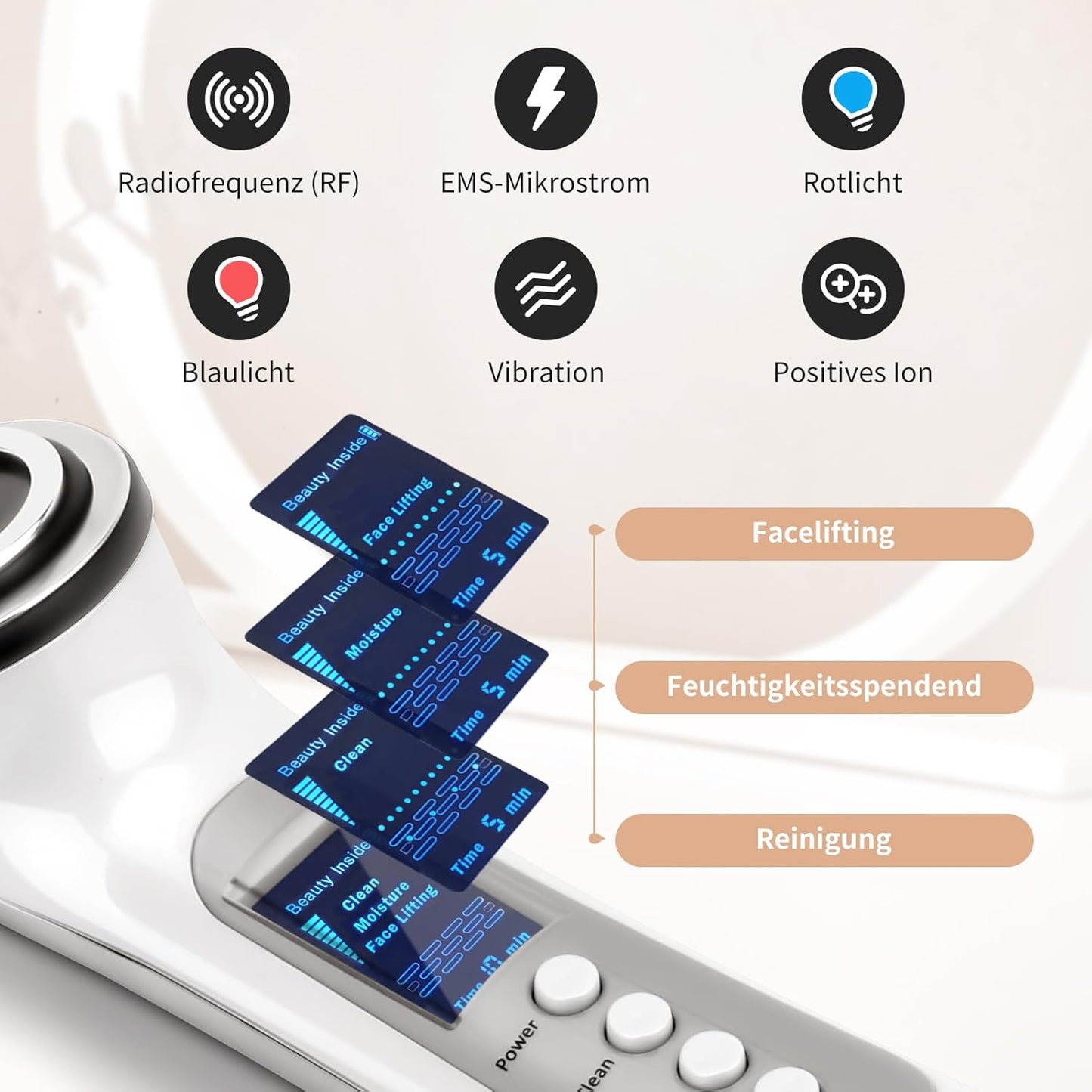 CARER BEAUTY Gesichtsmassagegerät Gegen Falten 5 in 1 Radiofrequenz Gerät Gesicht Mit 2 LED Lichttherapie RF Vibration Ion Für anti Falten&Aging Akne Entferne Gesichtpflege Tiefenreinigung