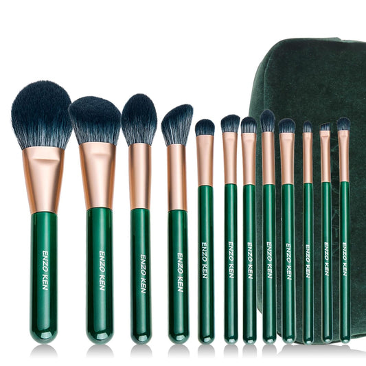 Naturfaser Und Ziegenhaar Make-Up Pinsel Set Professionell - Kombinierte Haar Kosmetikpinsel Mit Handtasche, Grün - Natürliche Pinsel - Moyu