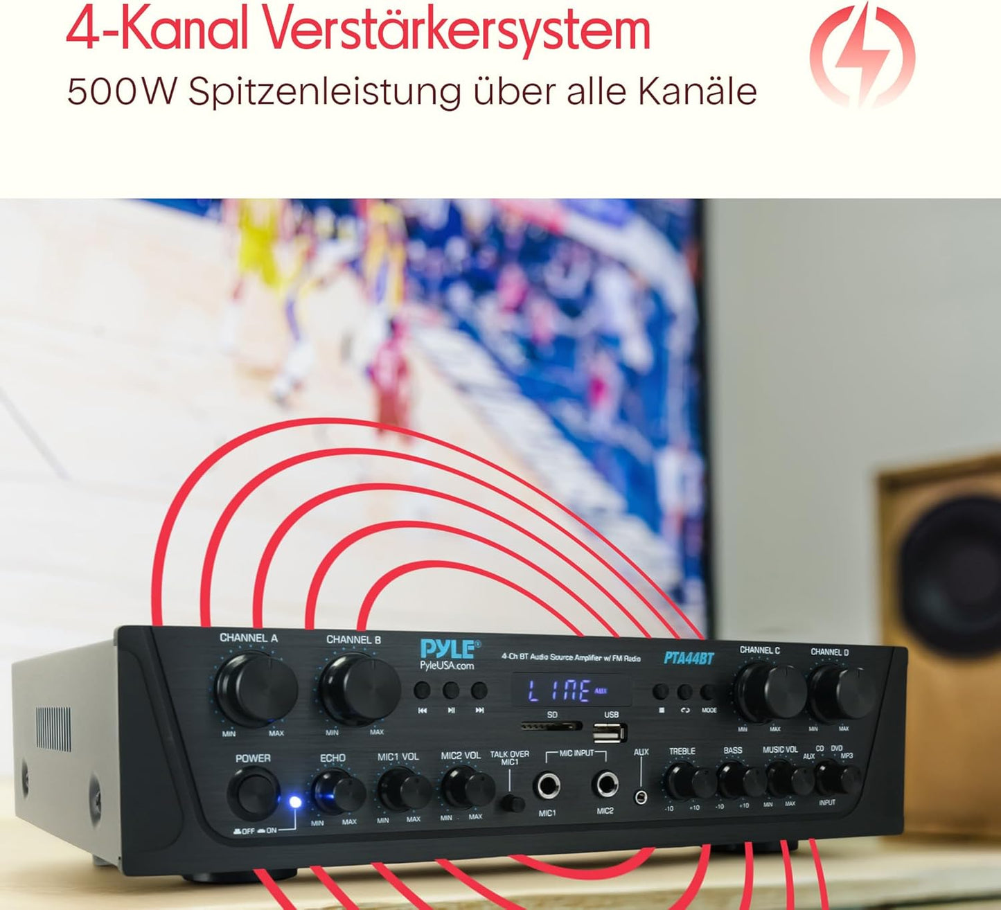 Pyle Bluetooth Stereo Verstärker 500 W – 4-Kanal Mini Receiver Mit USB, AUX, Fm-Radio, Subwoofer RCA & Mikrofoneingang Mit Echo Kabelloses Streaming, Für Heimkino, Studio & Pa-Anlage