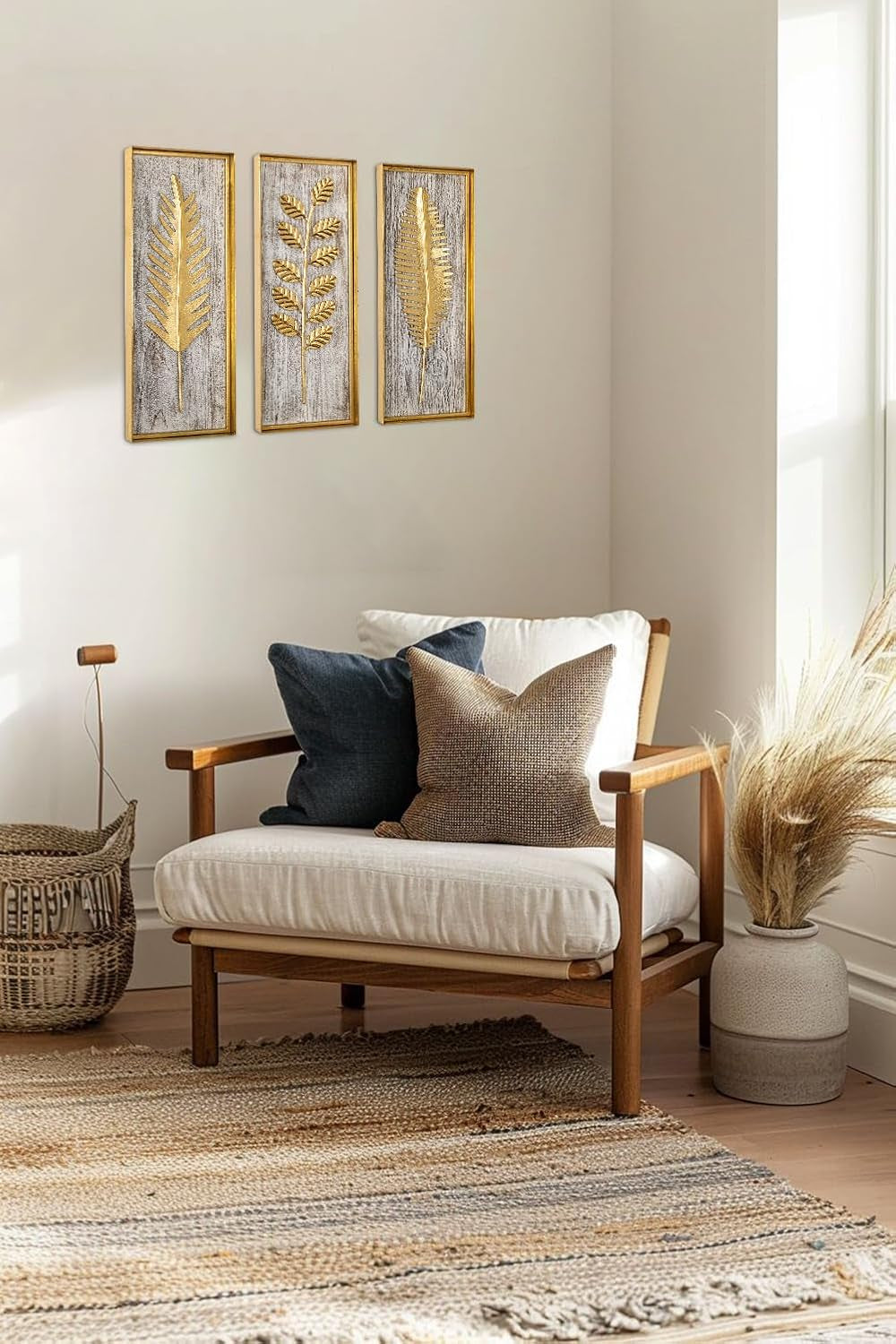 Briful Metall Wanddeko 3Er Set – Goldene Blätter Auf Holzoptik, 40X16 Cm – Modernes Wandbild Aus Holz & Metall – Wohn- & Schlafzimmer Deko, Boho Vintage Stil, Wandkunst Mit Naturmotiv