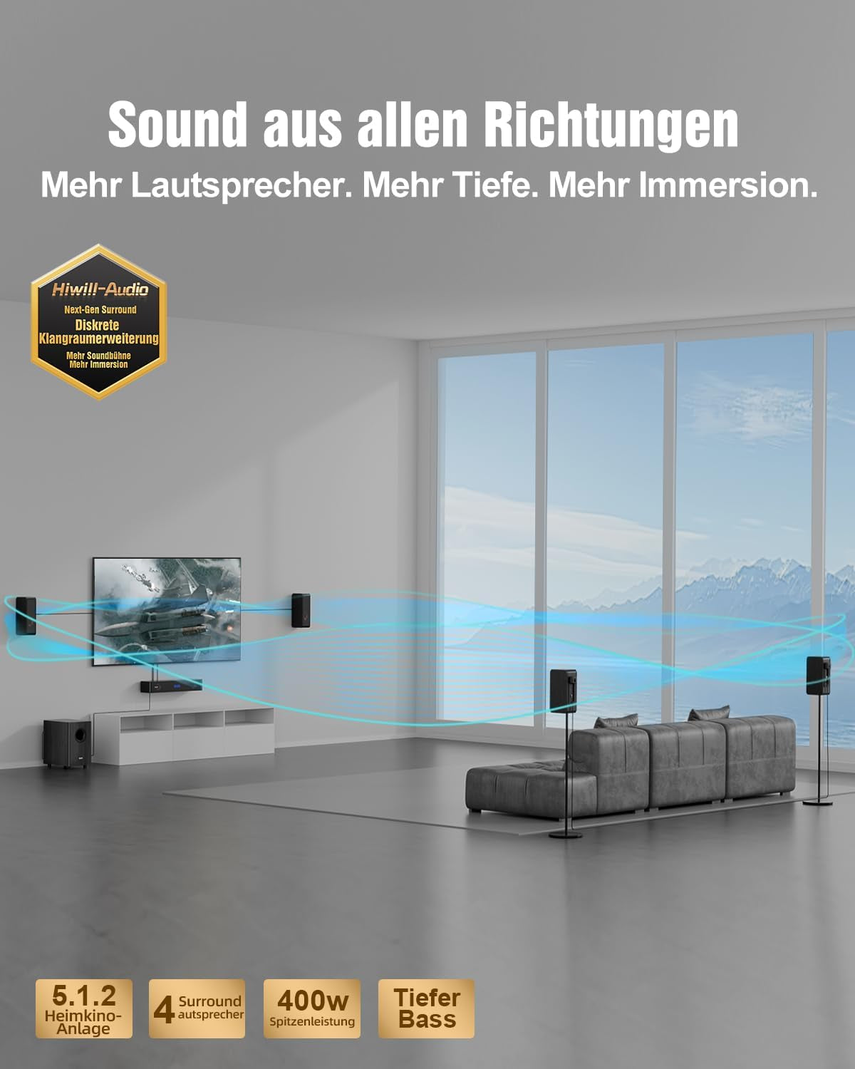 Hölzern 5.1.2CH Soundbar Für TV Geräte, 4 Surround-Lautsprecher, 400W Spitzenleistung, Heimkino Virtual Surround Soundsystem Sound Bar Mit 5.25'' Subwoofer, Arc/Optisch/Bt 5.3/AUX/USB, Hipulse N512