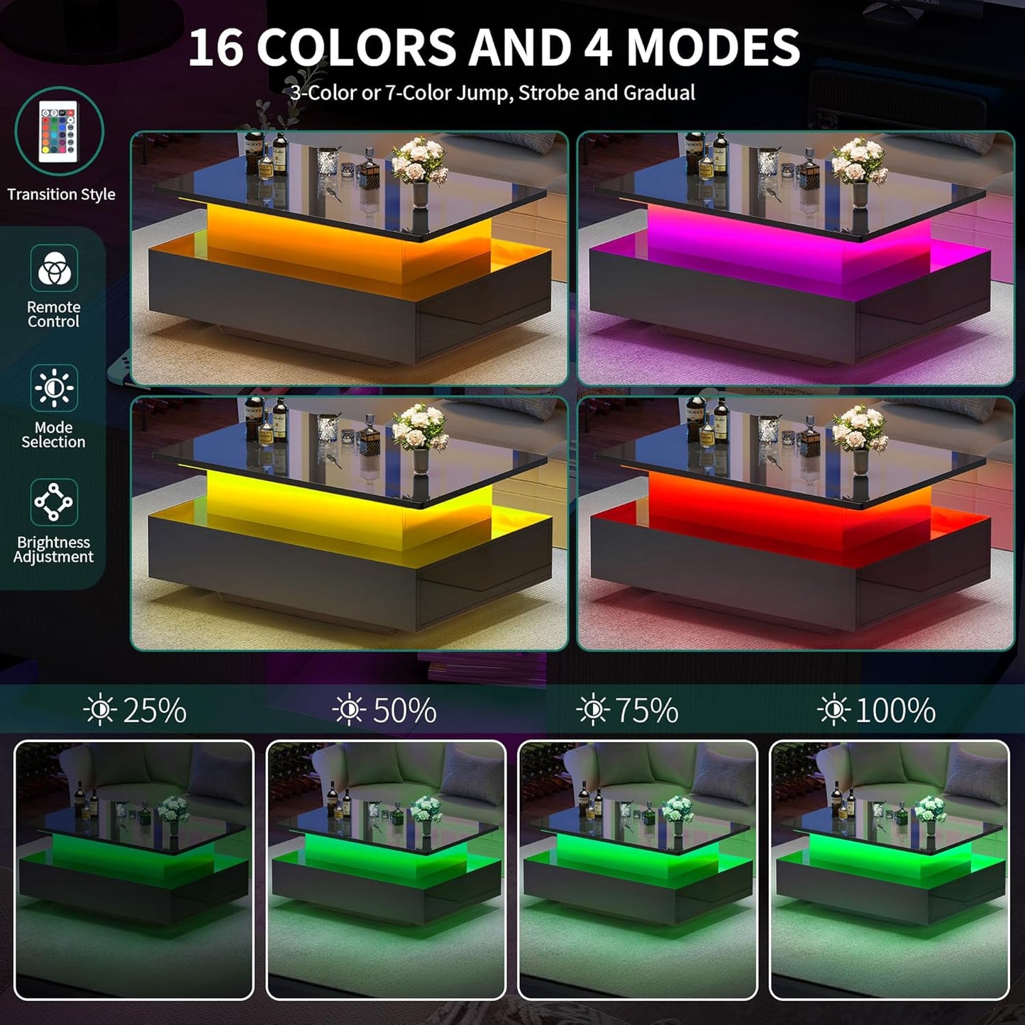 YITAHOME Couchtisch Höhenverstellbar, Wohnzimmertisch Hochglanz Mit Hebeplatte,Couch Tisch Wohnzimmer Mit 16-Farbiger LED Modern and 2 Schubladen