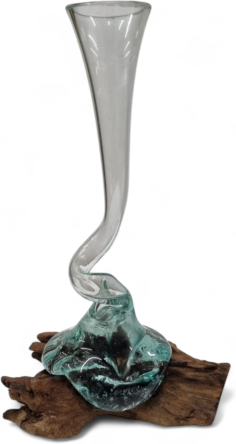 Handgefertigte Vase Aus Geschmolzenem Glas Auf Holz – Recyclingglas Auf Wurzelholz, Nachhaltige Deko Aus Bali, Ca. 30-40 Cm Hoch
