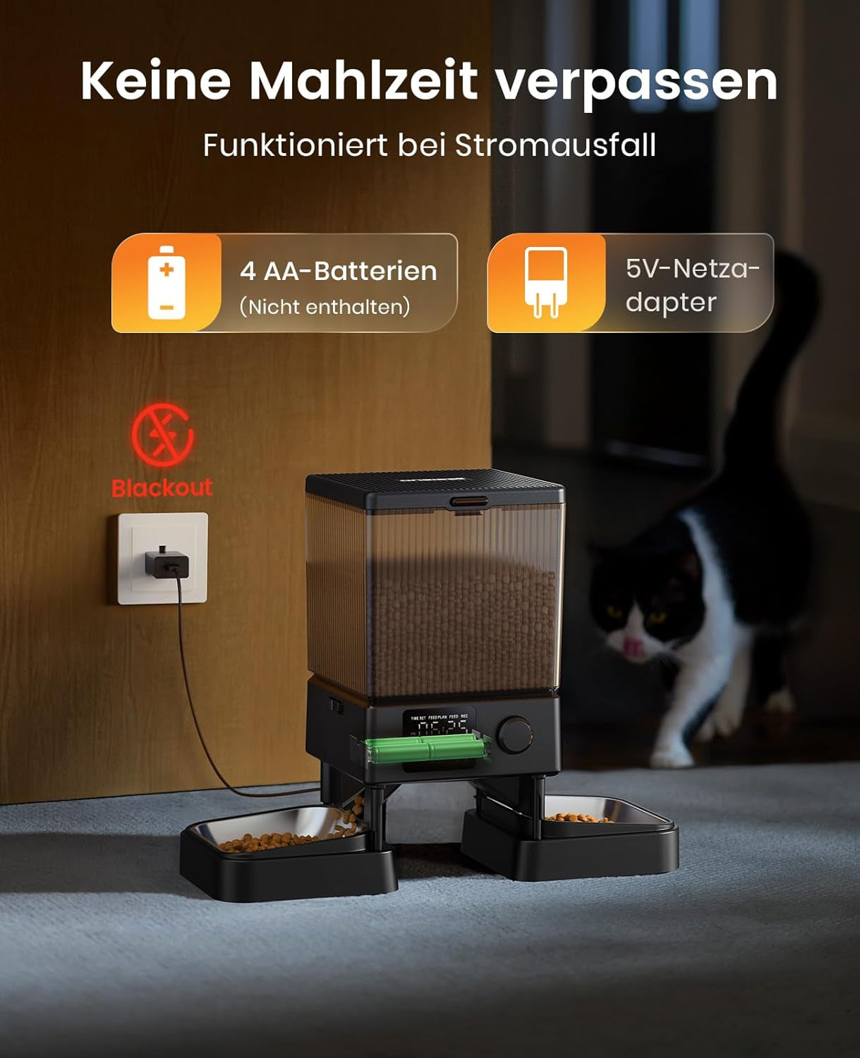 Oneisall 5L Futterautomat Katze 2 Näpfe, Katzenfutter Automat Mit Einem Knopf, Einfache Bedienung, Futterspender Für Katzen/Hunde, Mit Edelstahlschüssel, Voice Recorder, Für Kleine/Mittlere Haustiere