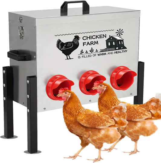 30Lb Futterautomat Hühner, Hühnerfutterspender Aus Edelstahl, Mit 6 Futteröffnungen, Höhenverstellbar, Mit Tragegriff, Wetterfest, Geeignet Für Hühner, Enten, Geflügel Etc.