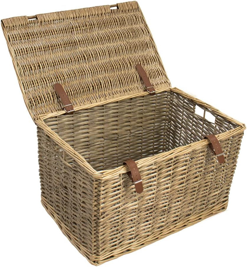 Handgefertigter Weidenkorb Mit Kunstlederriemen, Groß, Braun