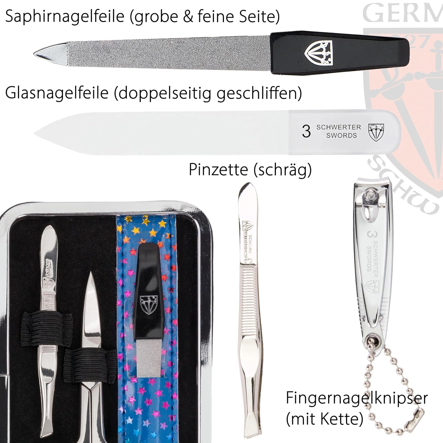 DREI SCHWERTER - Germany 6-Tlg. Maniküreset 'Genova' | Set Im Nageletui Aus Kunstlackleder Blau Sterne | Inhalt: Nagelschere, Hautschere, Nagelknipser, Glasnagelfeile, Pinzette, Saphirnagelfeile