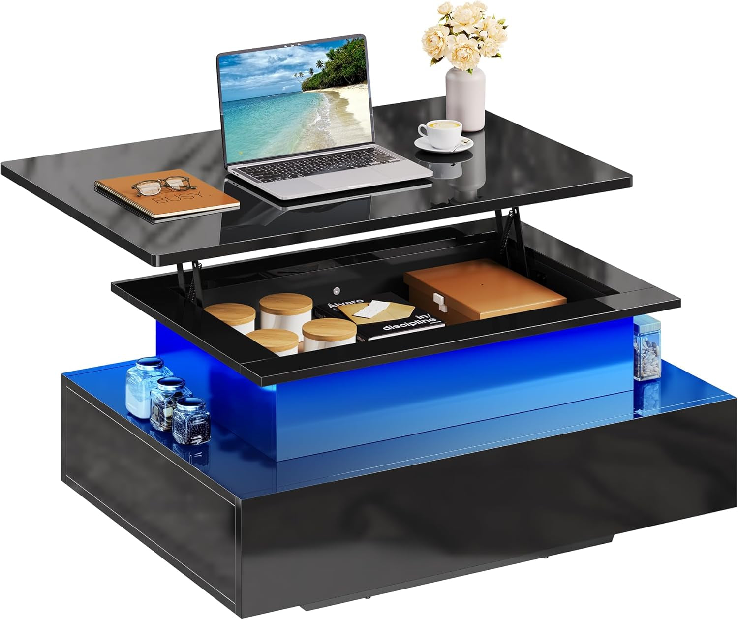 YITAHOME Couchtisch Höhenverstellbar, Wohnzimmertisch Hochglanz Mit Hebeplatte,Couch Tisch Wohnzimmer Mit 16-Farbiger LED Modern and 2 Schubladen