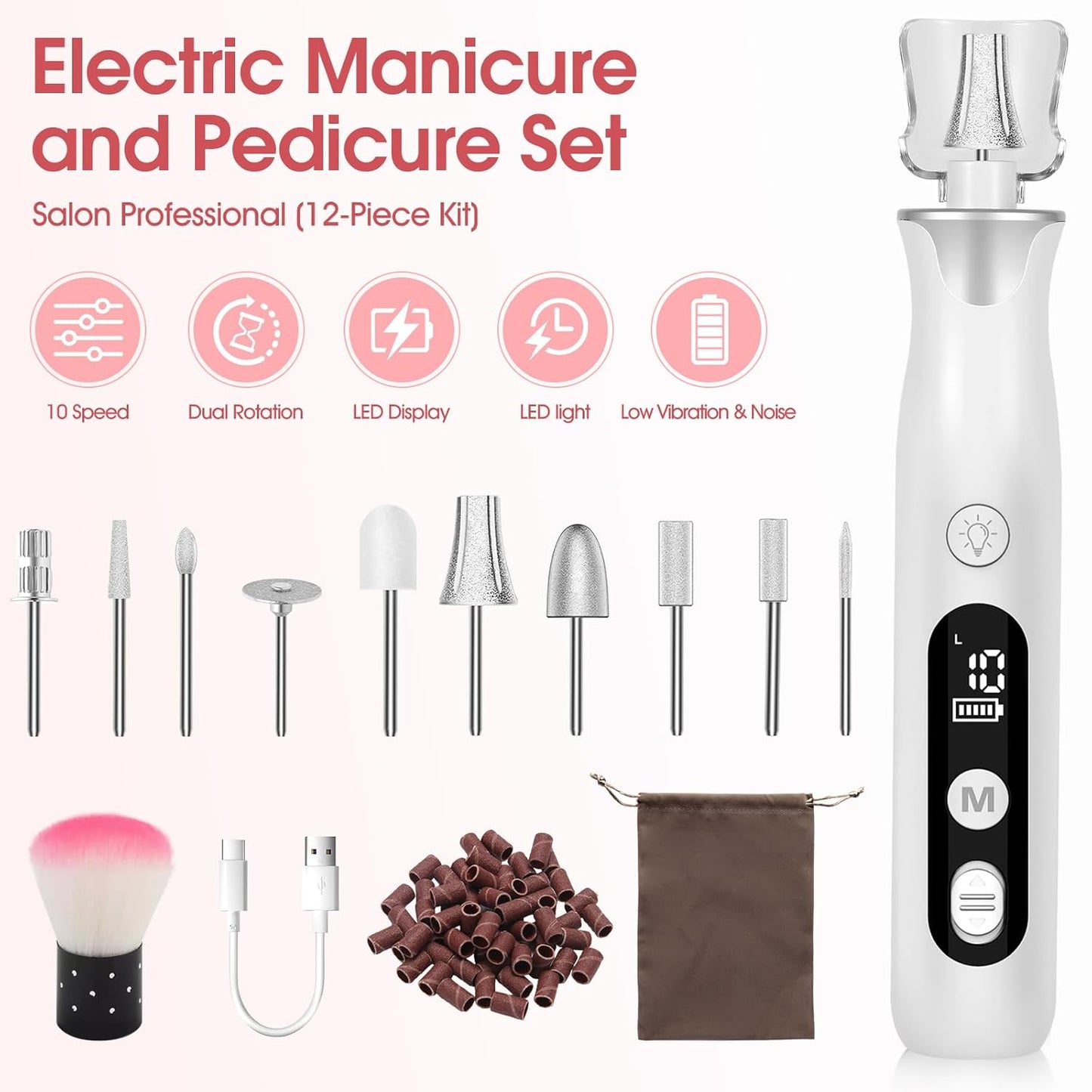 Maniküre/Pedikure Set Elektrisch, Nagelfelile, Nagelfraser Und Hornhautentfemer Mit 10 Aufsatze Zur Nagelpflege, Mit 10 Geschwindigkeiten, LED Licht, Aufbewahrungstasche