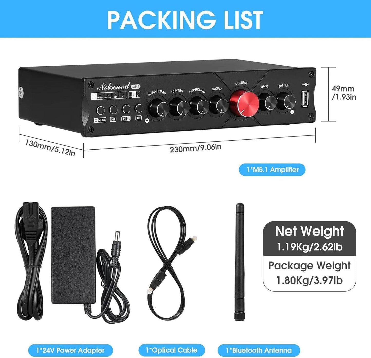 Nobsound Hifi 5.1 Kanal Bluetooth Verstärker Stereo Heimkino Power Amp Subwoofer Verstärker Audio Amplifier