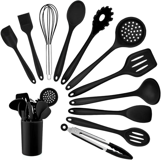 Homikit Silikon Küchenhelfer Set, 12 Stück Schwarz Kochutensilien Kochgeschirr, Hitzebeständiger Kochbesteck Set Mit Utensilienhalter, Gesund & Antihaft, Spülmaschinengeeignet