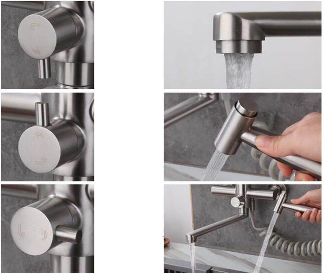 Wasserhahn Küche Wandarmatur Für Küche, Mit Spritzpistole Und 2 Wasserstrahlarten, Wasserhahn Wand Schwenkbarem 360°-Auslauf,Einfache Montage Küchenarmatur Wandmontage (Gebürstetes Nickel)