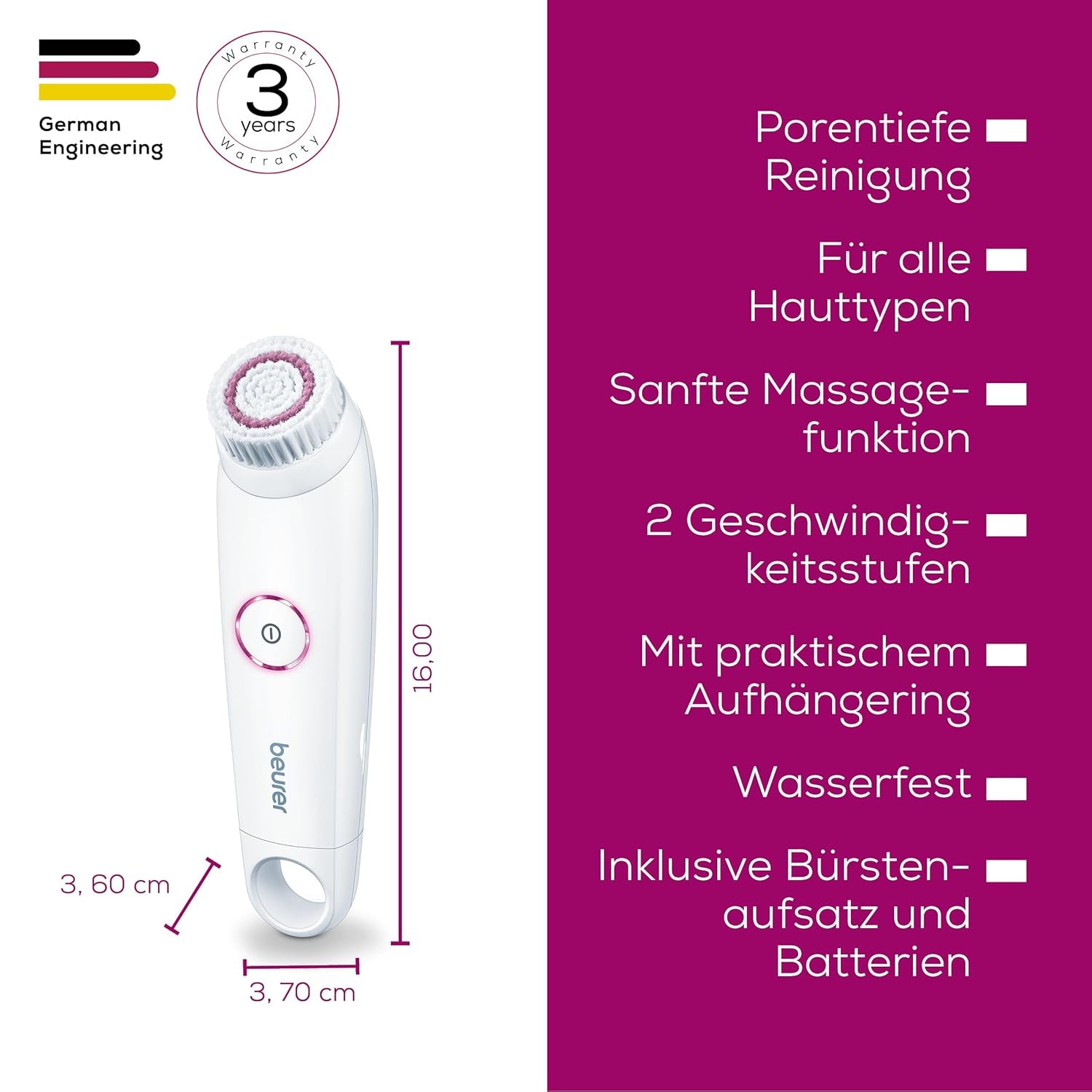 Beurer FC 45 Gesichtsbürste, Tiefenreinigung Für Spürbar Weichere Haut, 2-Stufige Rotation Für Jeden Hauttyp, Wasserfest, Weiß