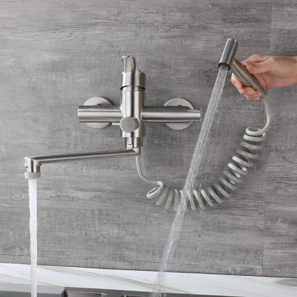 Wasserhahn Küche Wandarmatur Für Küche, Mit Spritzpistole Und 2 Wasserstrahlarten, Wasserhahn Wand Schwenkbarem 360°-Auslauf,Einfache Montage Küchenarmatur Wandmontage (Gebürstetes Nickel)