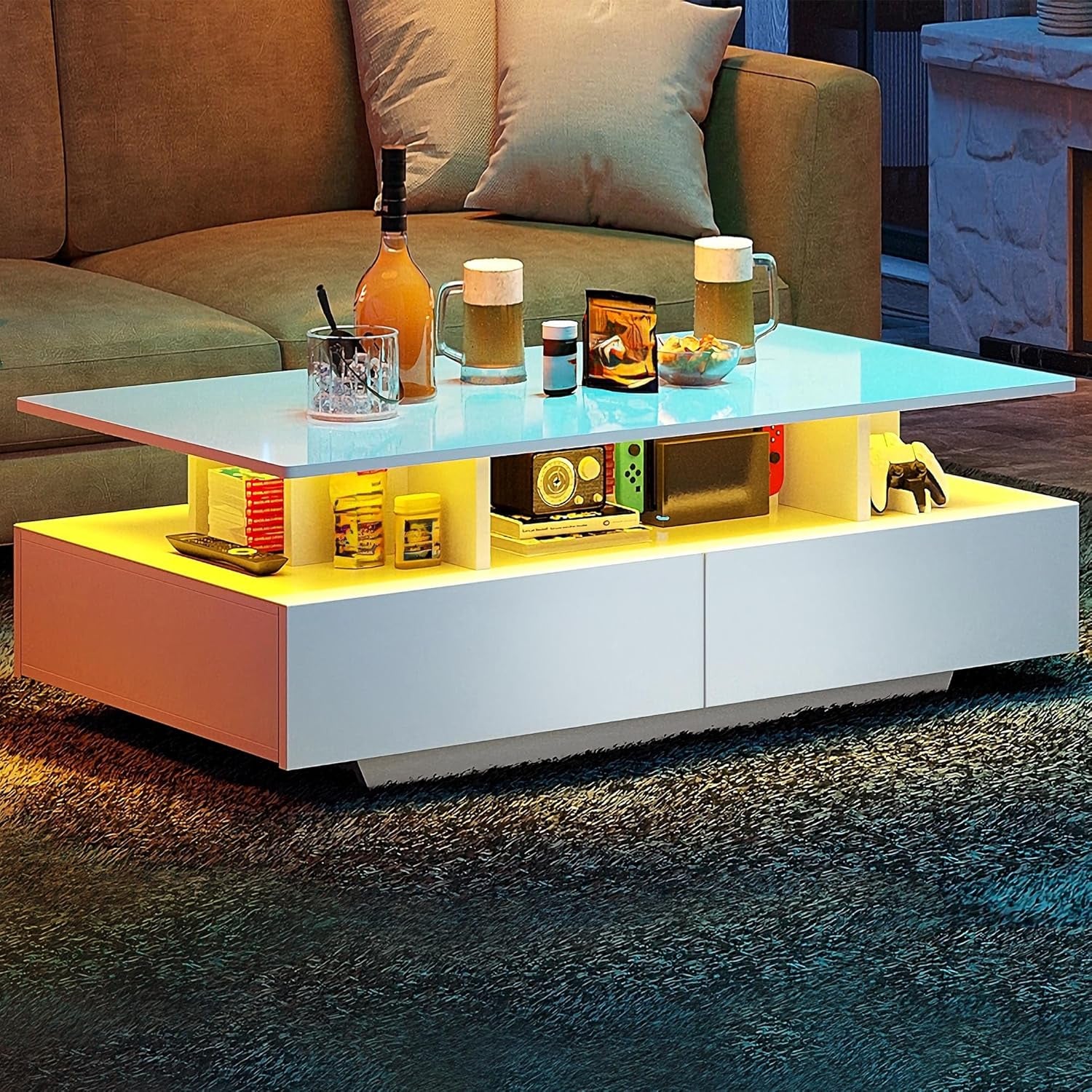 YITAHOME Couchtisch Weiß, Wohnzimmertisch Hochglanz Mit 16-Farbiger LED Beleuchtung Modern, Beistelltisch Weiss Mit Offenem Ausstellungsregal Und 4 Ausziehbaren Schubladen 90X55X41,1 Cm