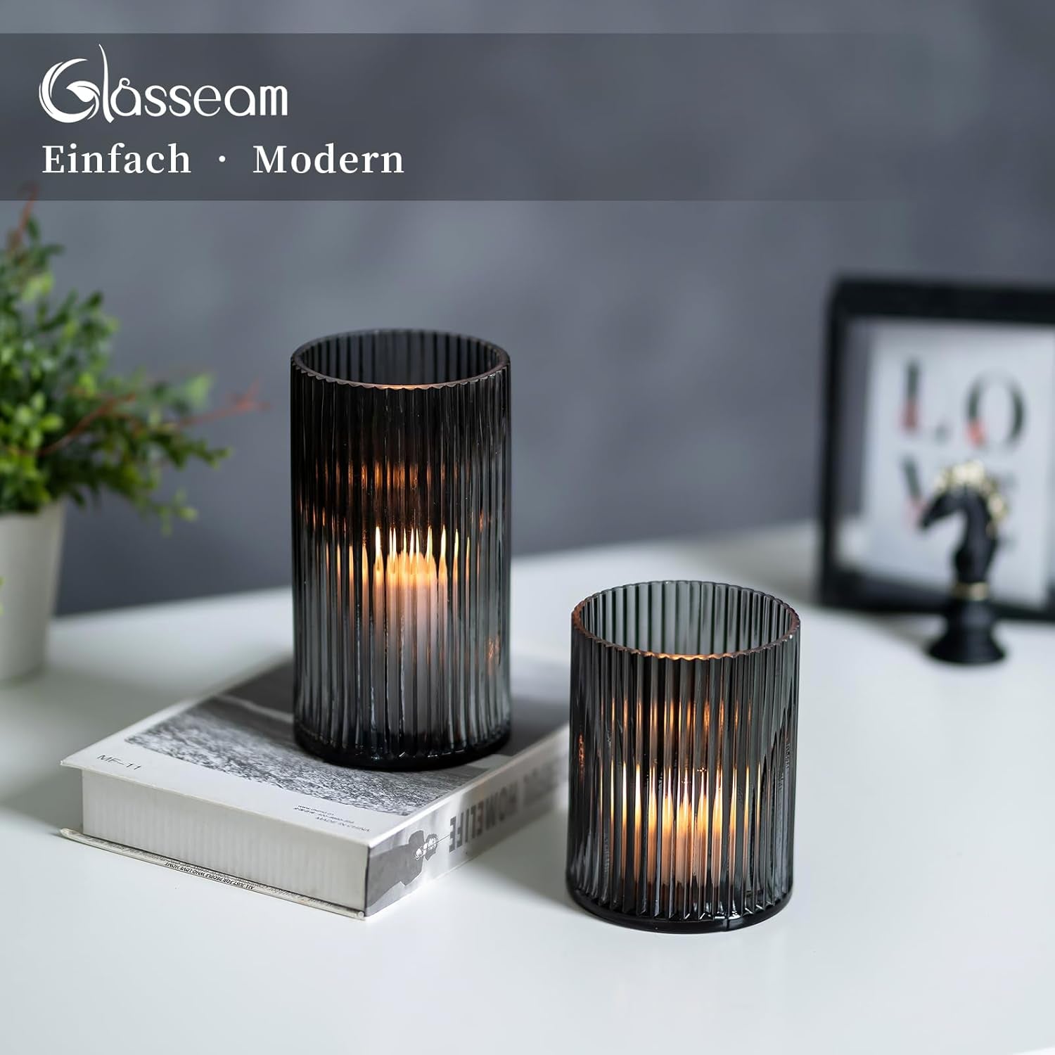 Glasseam Verstärktes Windlicht Glas Kerzengläser: 2Er Set Schwarz Kerzenglas Kerzenhalter Stumpenkerzen Für Tischdeko Glaszylinder Für Kerzen Modern Vase Windlicht Outdoor Für Deko Wohnzimmer