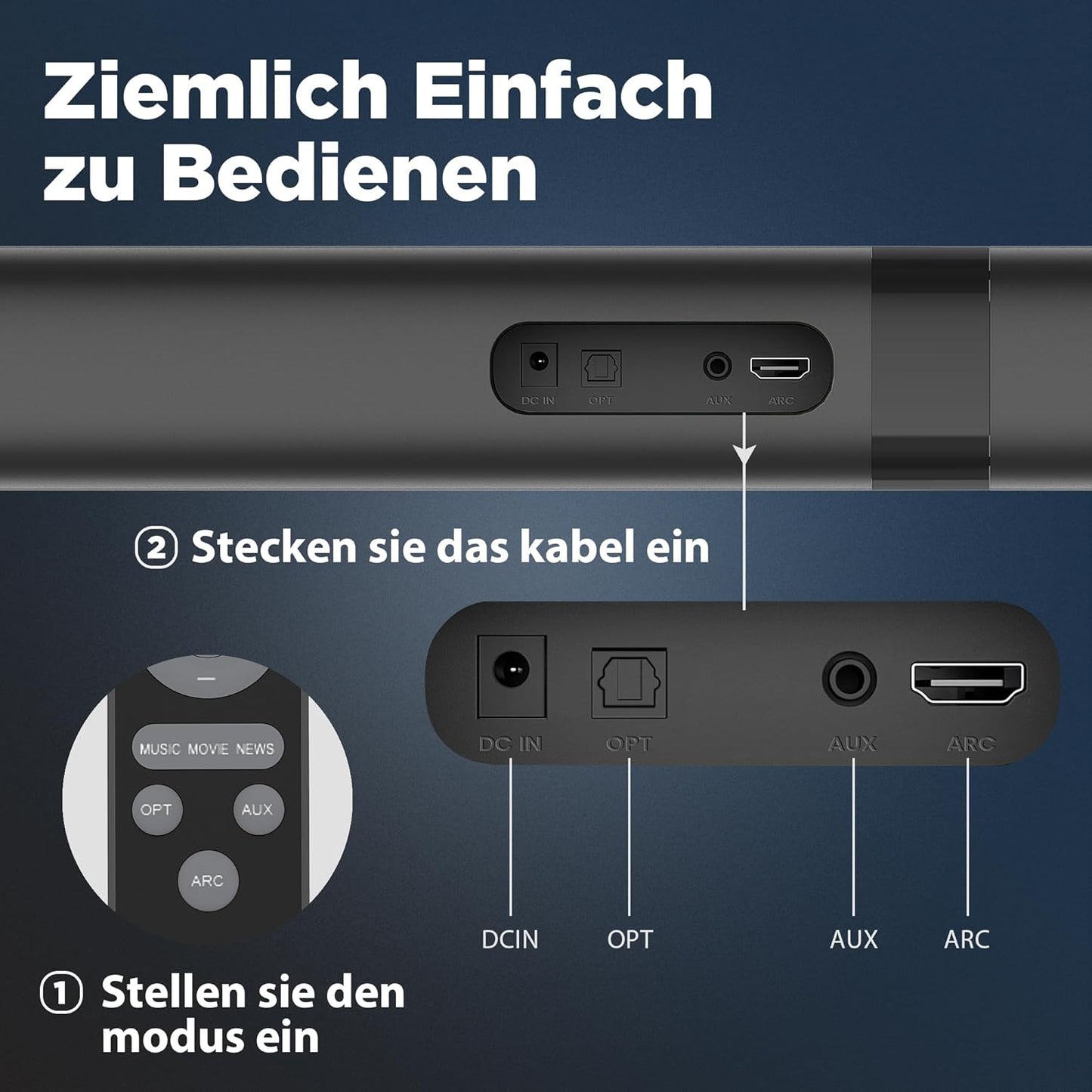 Soundbar Für TV Geräte, Teilbare 2-In-1 Set of TV Soundbar, Auto-Volume-Boost, 3 Sound Modi, Surround Soundsystem, Bluetooth 5.3, Arc/Opt/Aux, TV Lautsprecher Für Fernseher, Beamer, Monitor