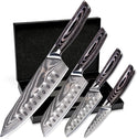 Wolfblood PRO 4Er Damastmesser Set XL (33, 31, 23 & 19Cm) TÜV Geprüfter 62 HRC Damaststahl Aus 67 Lagen I Damast Küchenmesser Set Mit Chefmesser, Santokumesser, Holzgriff, Geschenkbox & Klingenschutz