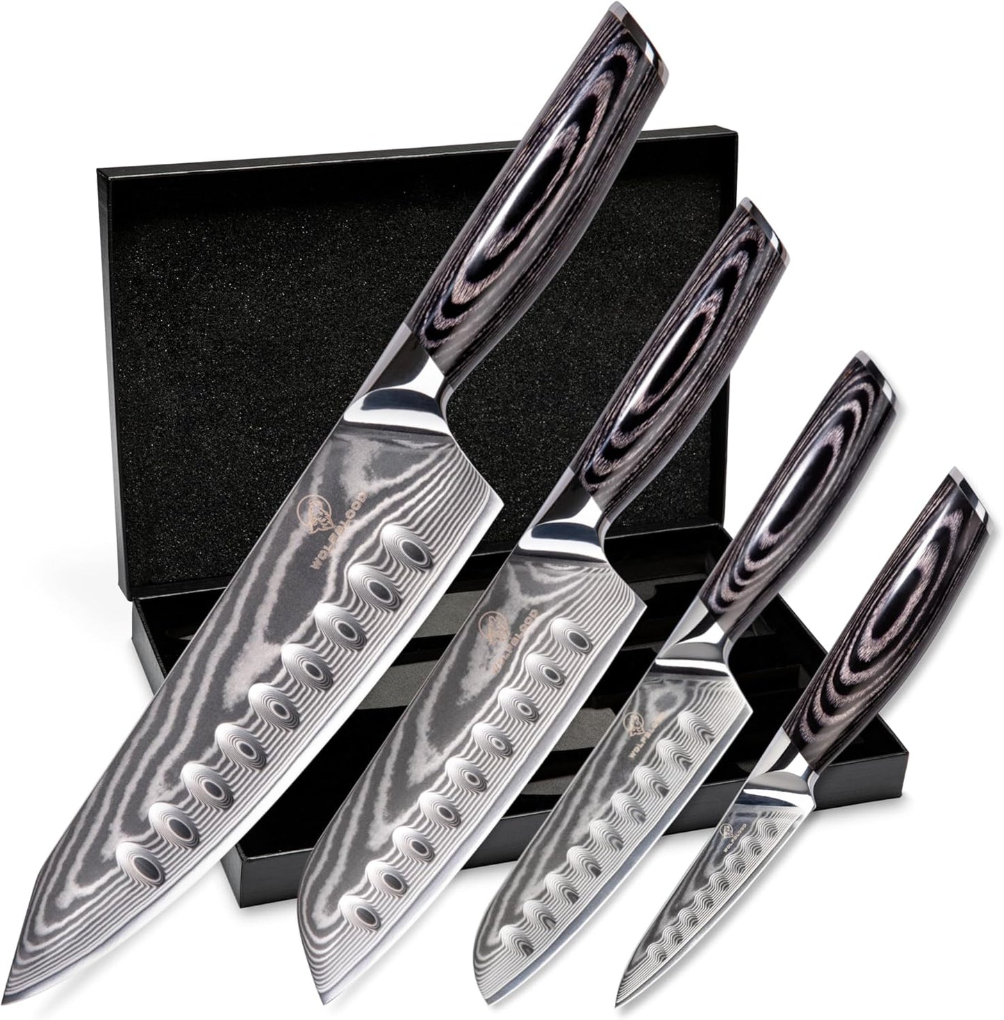 Wolfblood PRO 4Er Damastmesser Set XL (33, 31, 23 & 19Cm) TÜV Geprüfter 62 HRC Damaststahl Aus 67 Lagen I Damast Küchenmesser Set Mit Chefmesser, Santokumesser, Holzgriff, Geschenkbox & Klingenschutz