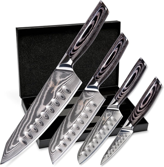 Wolfblood PRO 4Er Damastmesser Set XL (33, 31, 23 & 19Cm) TÜV Geprüfter 62 HRC Damaststahl Aus 67 Lagen I Damast Küchenmesser Set Mit Chefmesser, Santokumesser, Holzgriff, Geschenkbox & Klingenschutz
