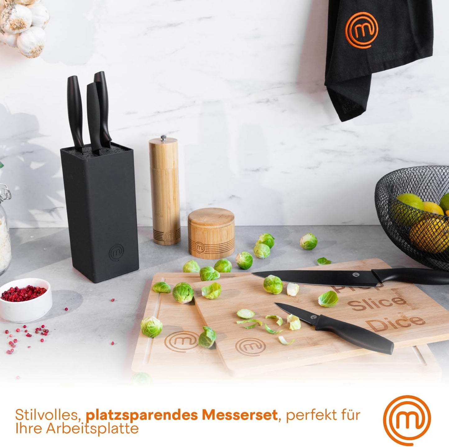 Masterchef Messerblock Mit Messer, Messerset Mit Block, Scharfe Messer Set Mit Küchenmesser, Kochmesser, Brotmesser, Schälmesser & Allzweckmesser, Edelstahlklingen, Softgriff, 6-Teilig, Schwarz