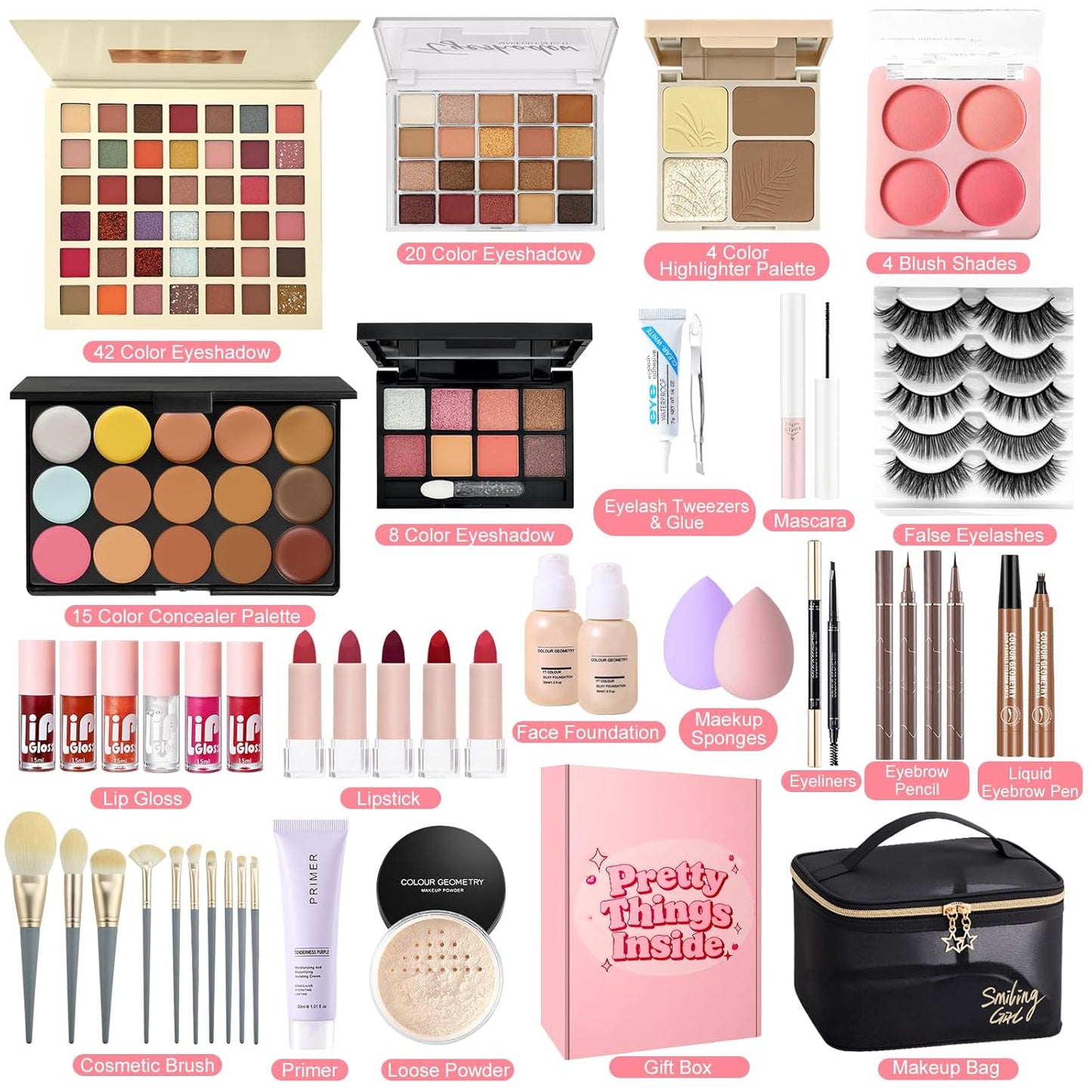 Schminkset Für Frauen, All in One Make up Set, Kosmetik Geschenkset Für Damen Mädchen Mit Lidschatten Concealer Palette, Konturierungspalette, Foundation, Mascara, Lipgloss, Eyeliner, Reisetasche