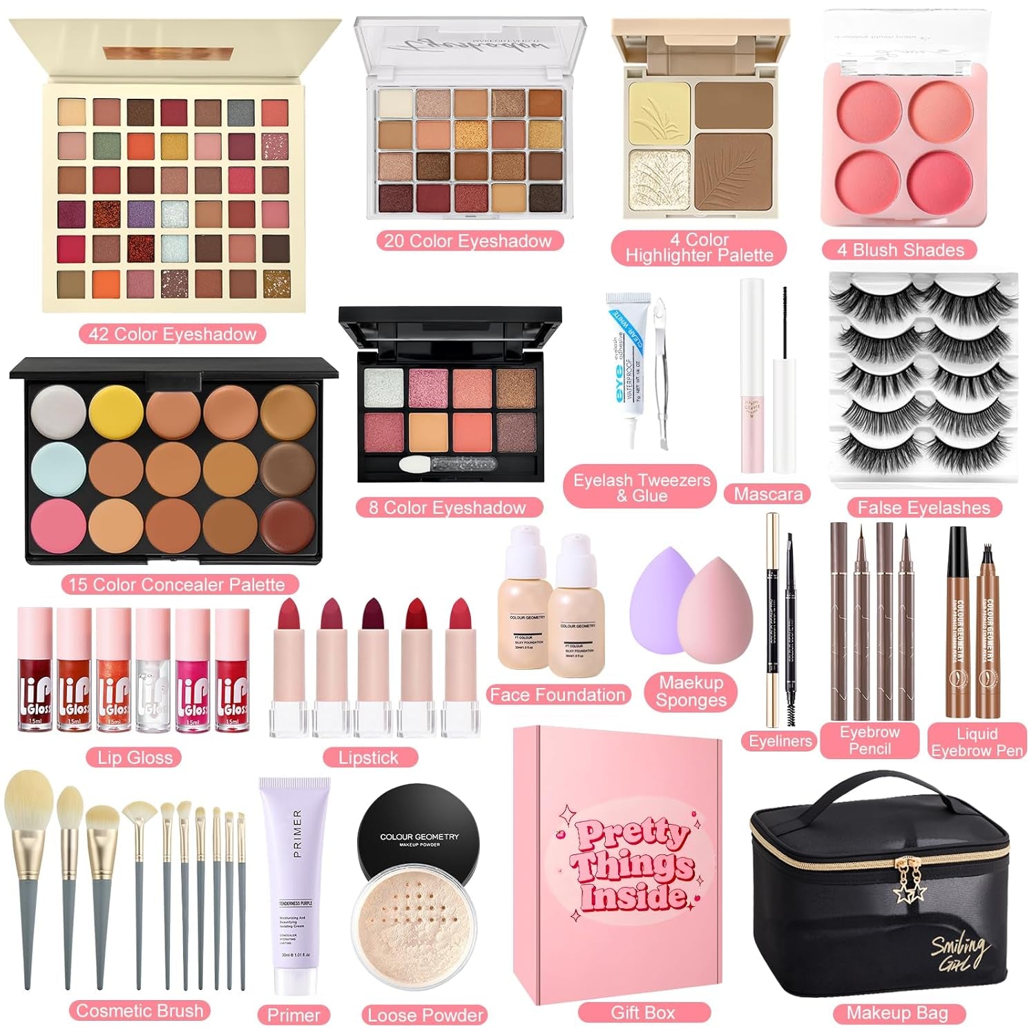 Schminkset Für Frauen, All in One Make up Set, Kosmetik Geschenkset Für Damen Mädchen Mit Lidschatten Concealer Palette, Konturierungspalette, Foundation, Mascara, Lipgloss, Eyeliner, Reisetasche