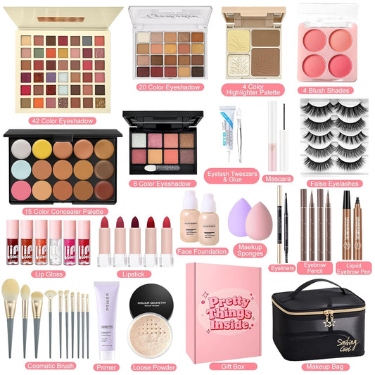 Schminkset Für Frauen, All in One Make up Set, Kosmetik Geschenkset Für Damen Mädchen Mit Lidschatten Concealer Palette, Konturierungspalette, Foundation, Mascara, Lipgloss, Eyeliner, Reisetasche