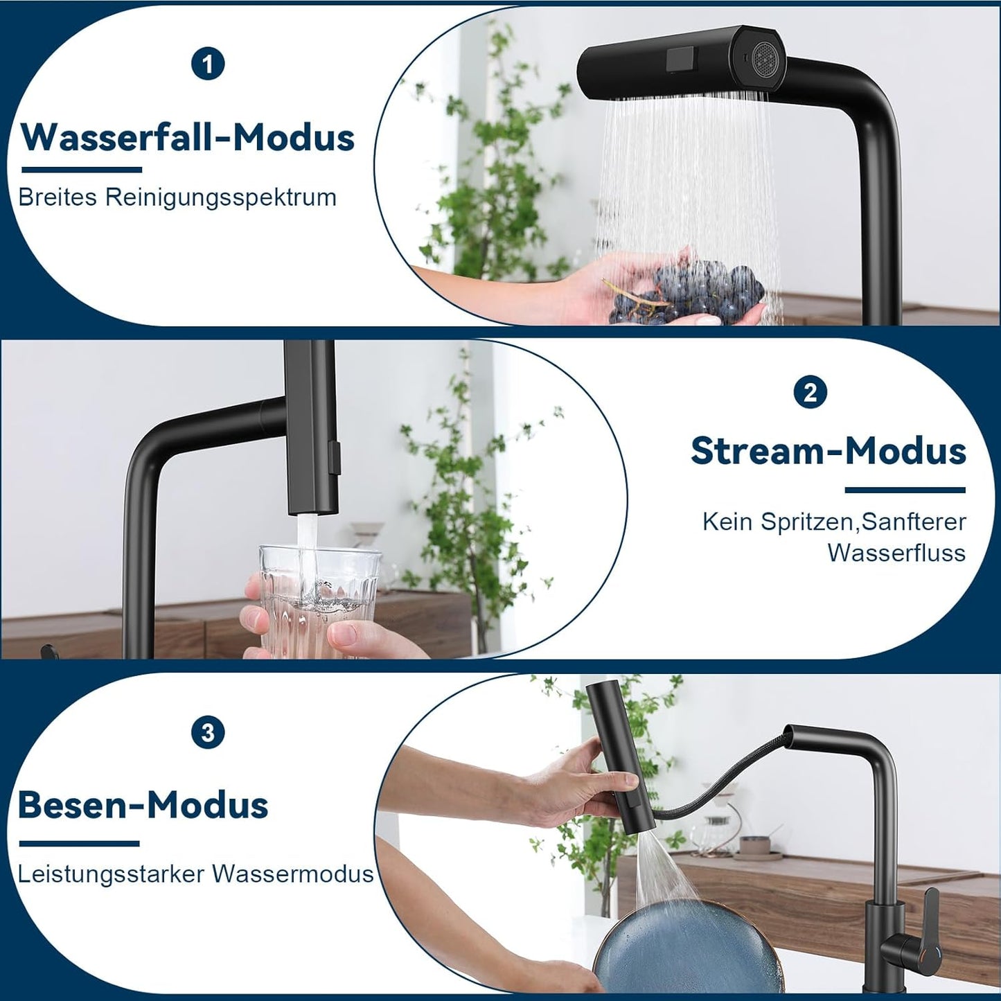 Wasserhahn Küche Küchenarmatur Schwarz - Waterfall Spültischarmatur Ausziehbar Mit Brause Mischbatterie Spüle 360° Drehbar Armatur Edelstahl Mit 3 Strahlarten Küchenwasserhahn