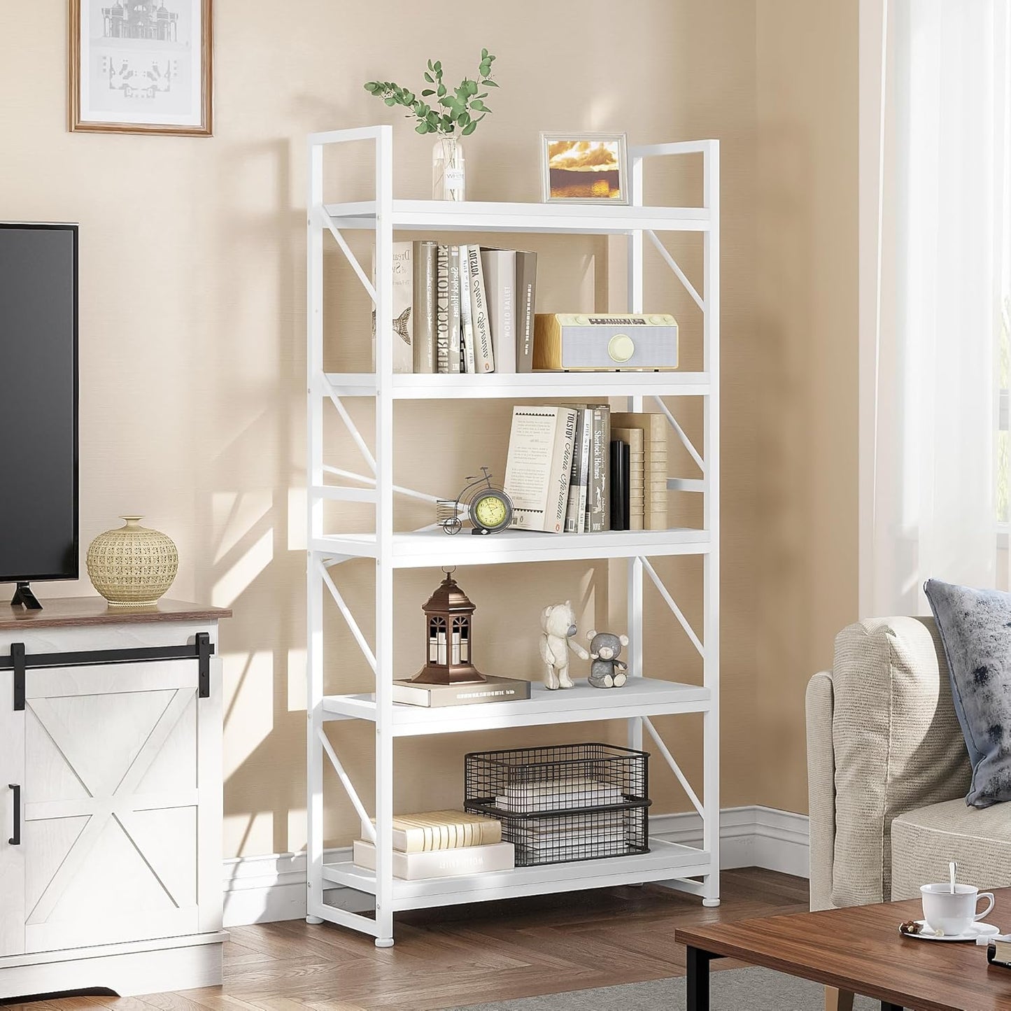YITAHOME Bücherregal Mit 5 Ebenen - Industrielles Holzregal Mit Metallrahmen, Großes Freistehendes Regal, Präsentationsregal Für Wohnzimmer, Heimbüro - Reinweiß