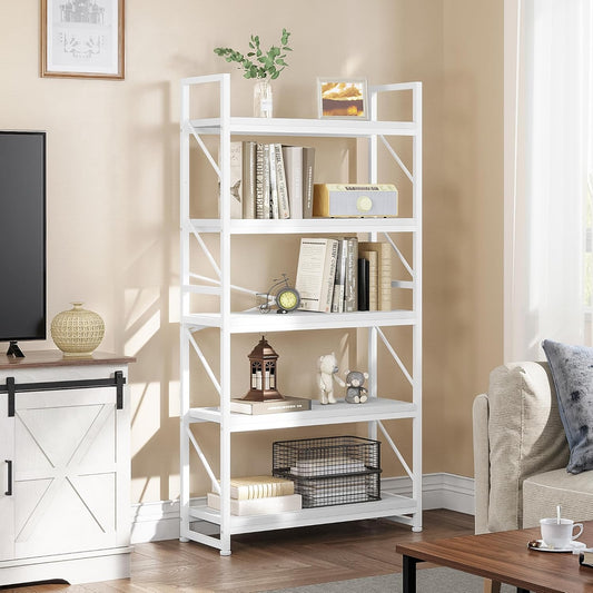 YITAHOME Bücherregal Mit 5 Ebenen - Industrielles Holzregal Mit Metallrahmen, Großes Freistehendes Regal, Präsentationsregal Für Wohnzimmer, Heimbüro - Reinweiß