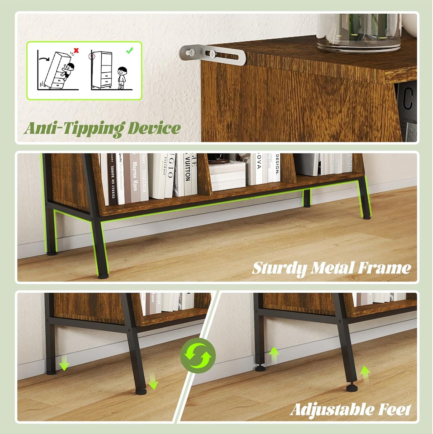 YOSHOOT Bücherregal, Offenes Bücherregal Aus Holz Mit Metallbeinen, Würfelförmiges Lagerregal Mit 2 Ebenen, Vitrine Mit 6 Offenen Fächern Für Wohnzimmer, Büro, 117X36.5X78.5 Cm (Rustikales Braun)