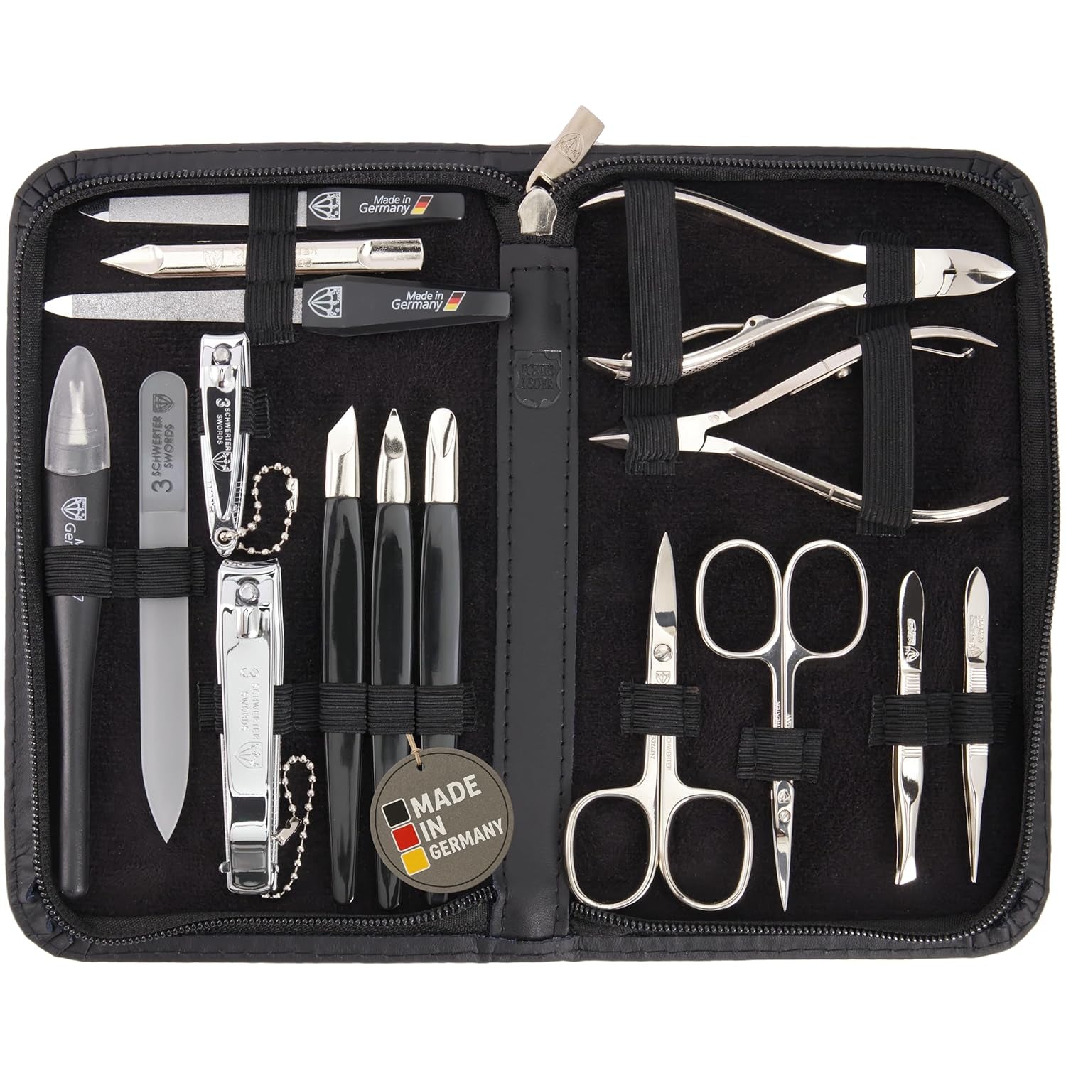 DREI SCHWERTER - 16-Tlg. Maniküre Pediküre Set 'Cinisello' Hochwertiges Nageletui Aus Echtleder Für Die Hand- Und Fußpflege Inhalt: Nagelschere, Nagelknipser, Pinzette Und Vieles Mehr!