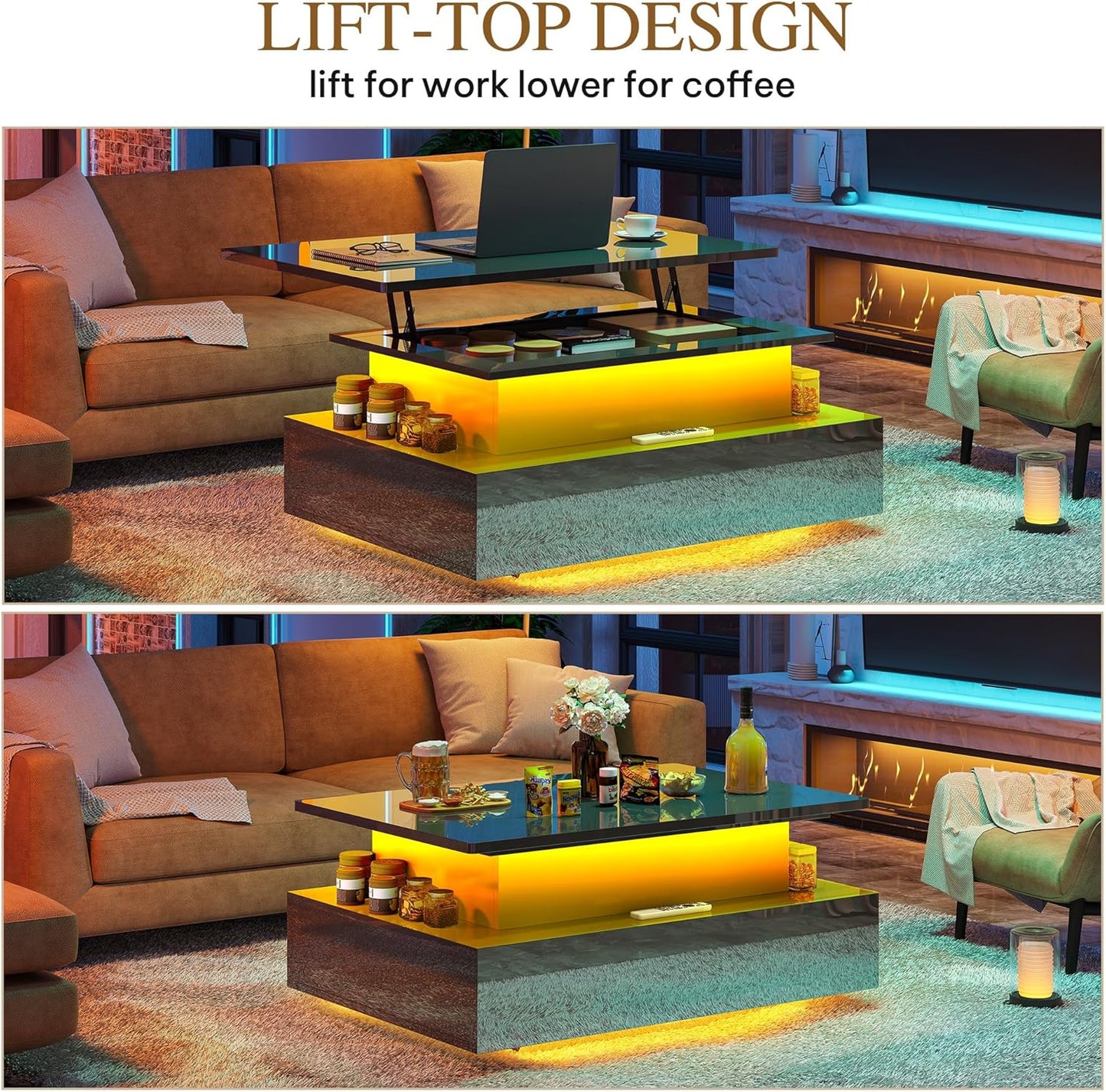 YITAHOME Couchtisch Höhenverstellbar, Wohnzimmertisch Hochglanz Mit Hebeplatte,Couch Tisch Wohnzimmer Mit 16-Farbiger LED Modern and 2 Schubladen