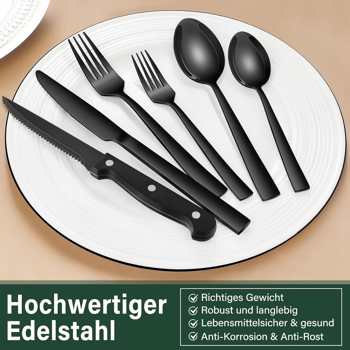 36 Teiliges Edelstahl Besteckset Mit Steakmesser Schwarz, Besteck Set 6 Personen, Elegantes Essbesteck Set Mit Messer Gabel Löffel, Tafelbesteck Für Haus/Party/Restaurant, Spülmaschinenfest