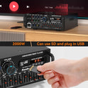 Areyourshop Hifi Verstärker Stereo Pa Endstufe Mit Bluetooth 5.0 2000W Audio Receiver Karaoke FM USB SD AUX, Vorverstärker Hifi 5-Band-Eq-Mixer, 4 Mikr, Verstärker Mit Boxen, Tuner Hifi Stereo
