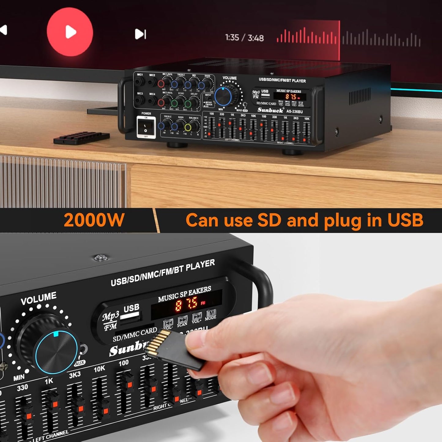 Areyourshop Hifi Verstärker Stereo Pa Endstufe Mit Bluetooth 5.0 2000W Audio Receiver Karaoke FM USB SD AUX, Vorverstärker Hifi 5-Band-Eq-Mixer, 4 Mikr, Verstärker Mit Boxen, Tuner Hifi Stereo
