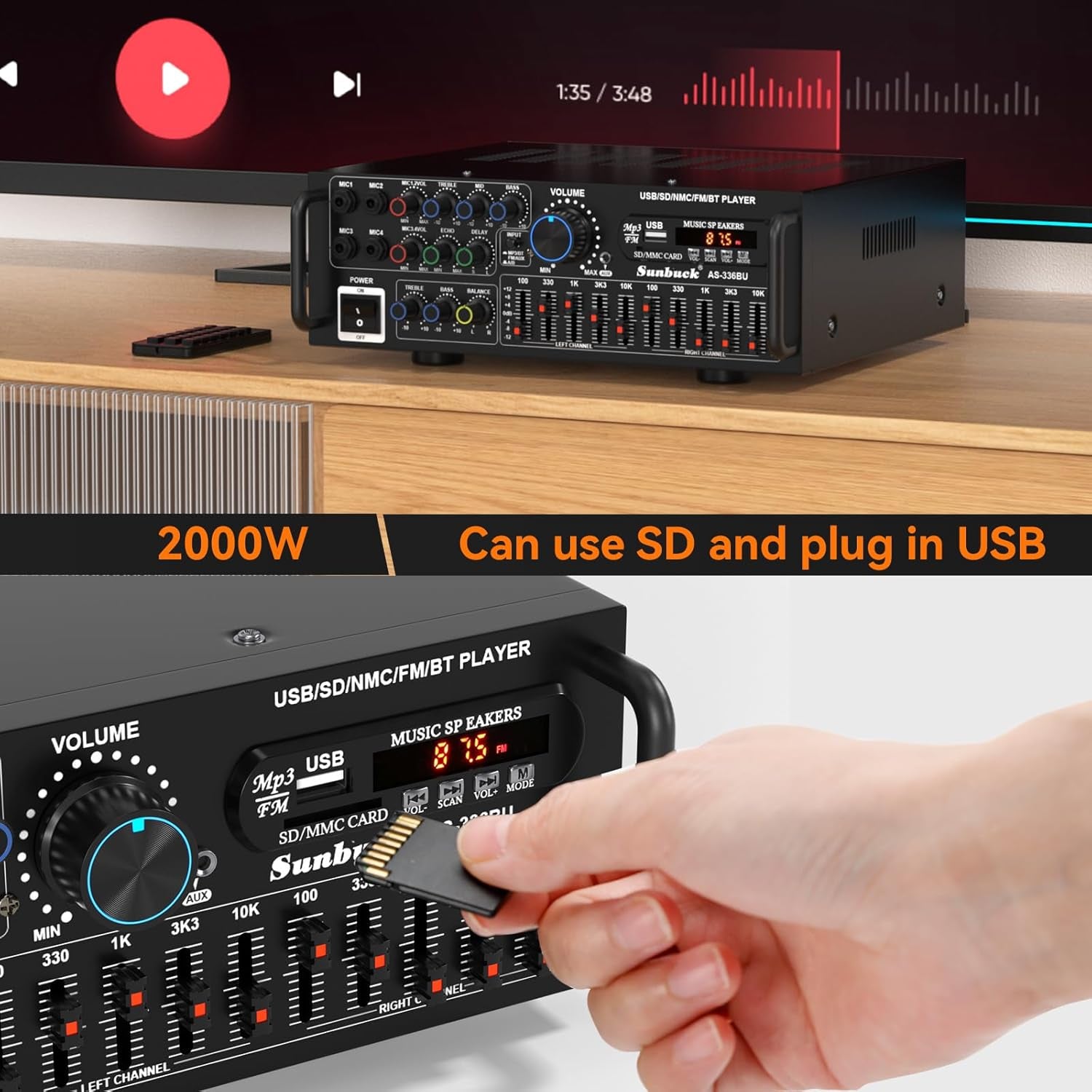 Areyourshop Hifi Verstärker Stereo Pa Endstufe Mit Bluetooth 5.0 2000W Audio Receiver Karaoke FM USB SD AUX, Vorverstärker Hifi 5-Band-Eq-Mixer, 4 Mikr, Verstärker Mit Boxen, Tuner Hifi Stereo