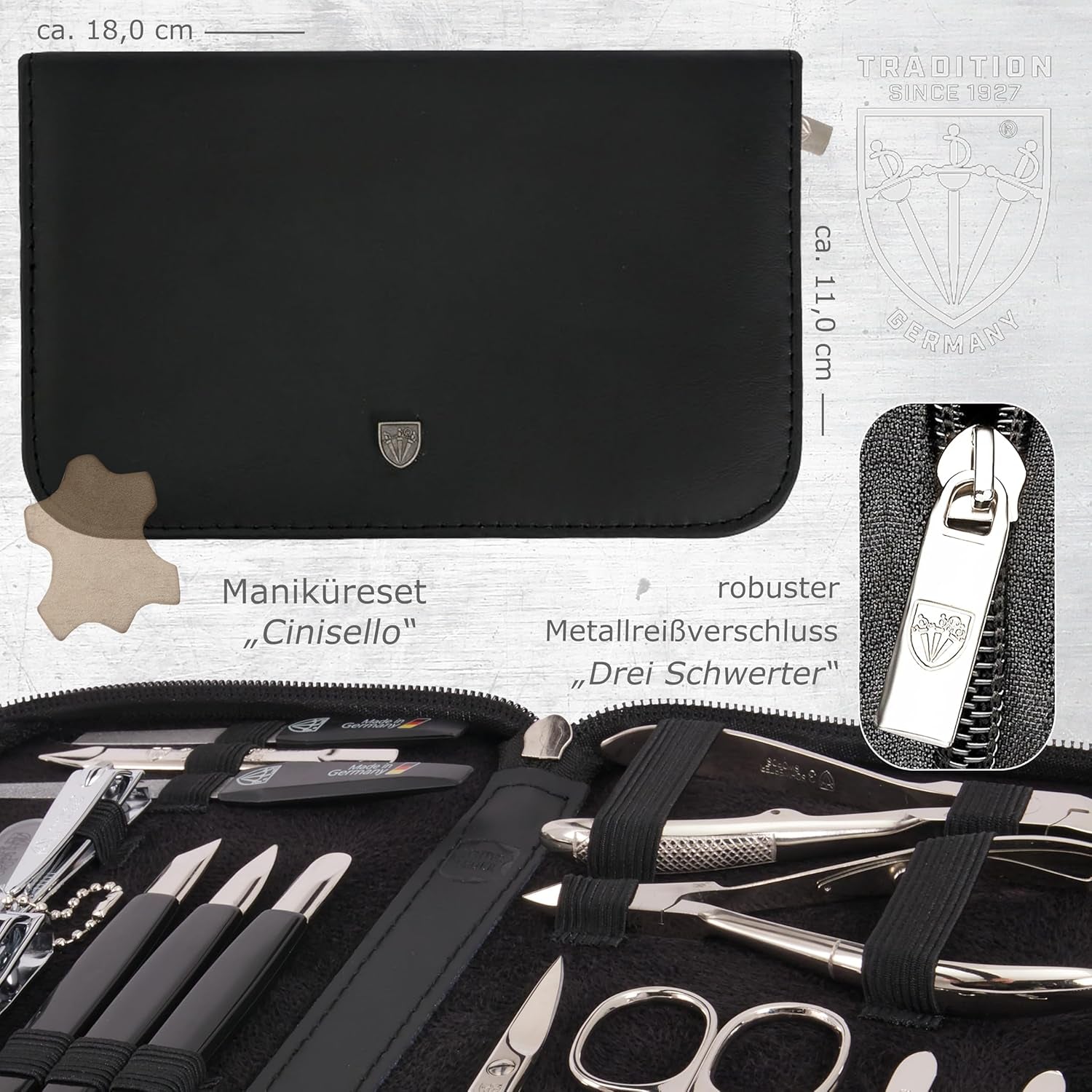DREI SCHWERTER - 16-Tlg. Maniküre Pediküre Set 'Cinisello' Hochwertiges Nageletui Aus Echtleder Für Die Hand- Und Fußpflege Inhalt: Nagelschere, Nagelknipser, Pinzette Und Vieles Mehr!